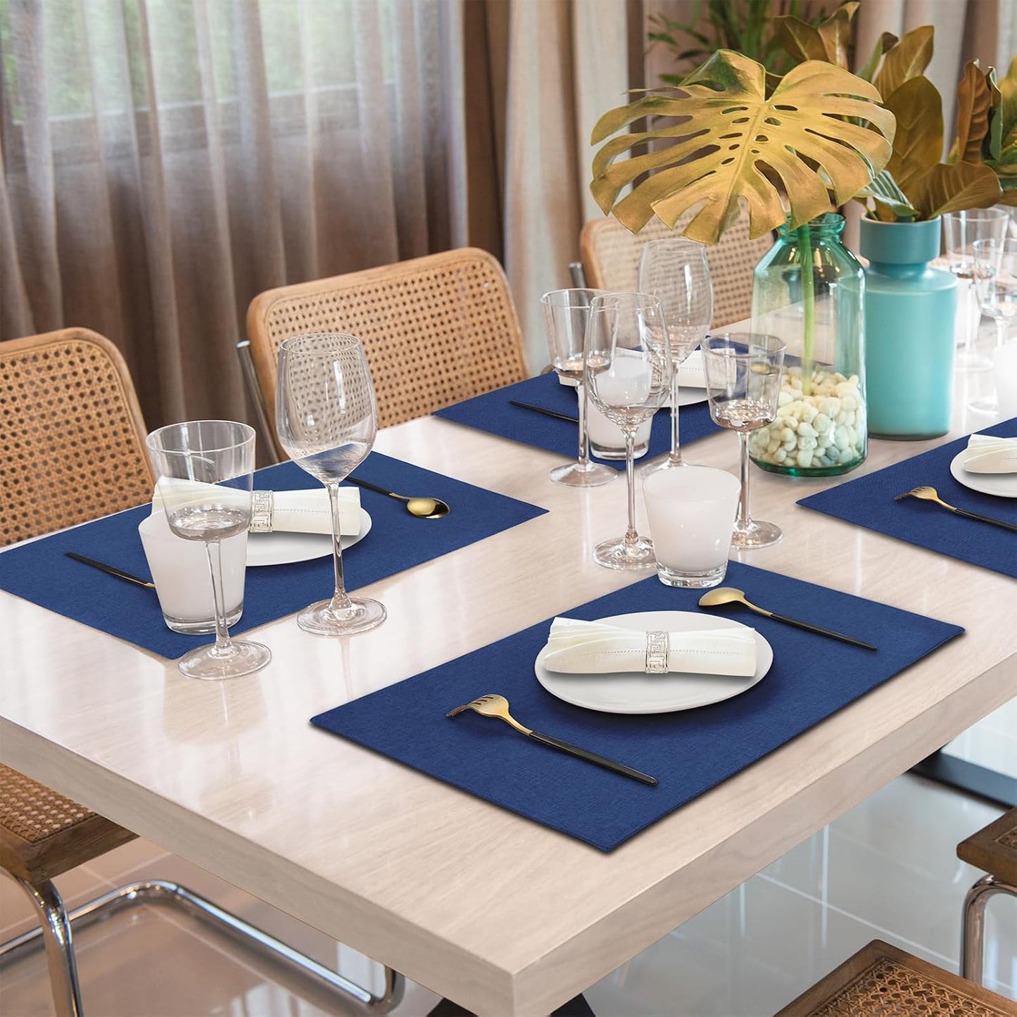 Cloth Placemats Set of 6, Cotton Linen Blend Place Mats, Navy Blue | Machine Washable, Double Layered, Heat Resistant
