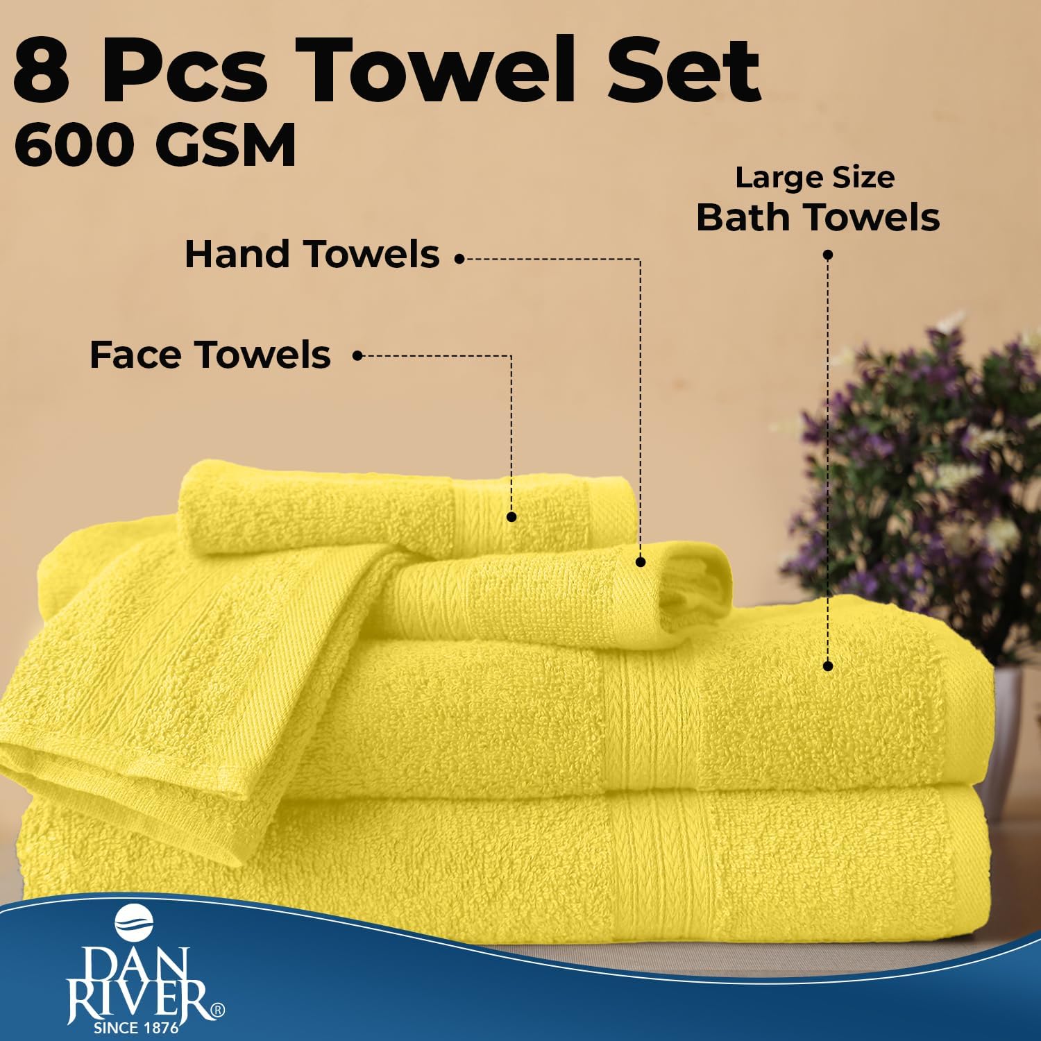 DAN River 8 Piece Luxury Bath Towels for Bathroom, Towel Set, Yellow | 2 Bath towels, 2 Hand towels, and 4 Wash Cloths