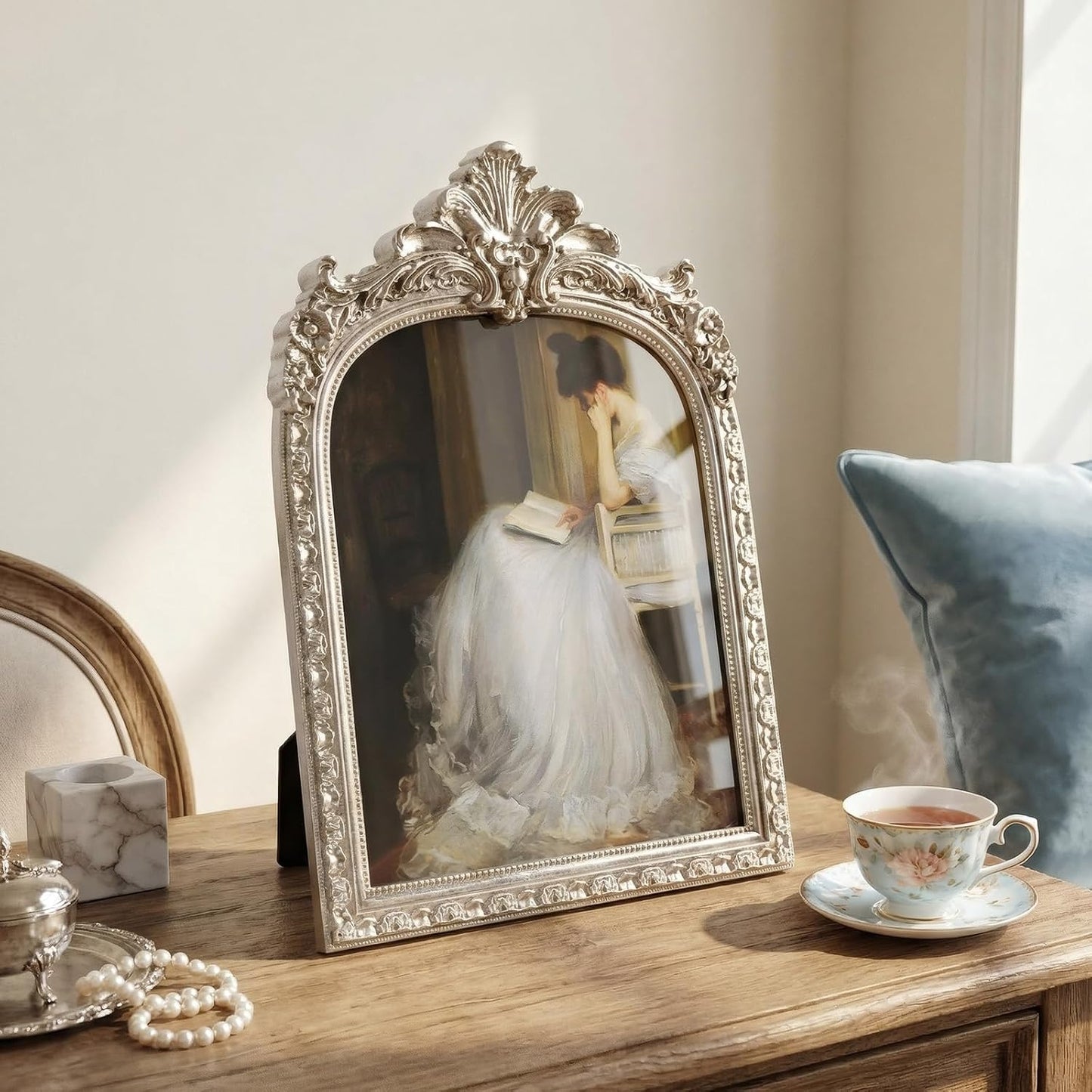Vintage Ornate Arched Photo Frame / Silver Arch / 8 x 10