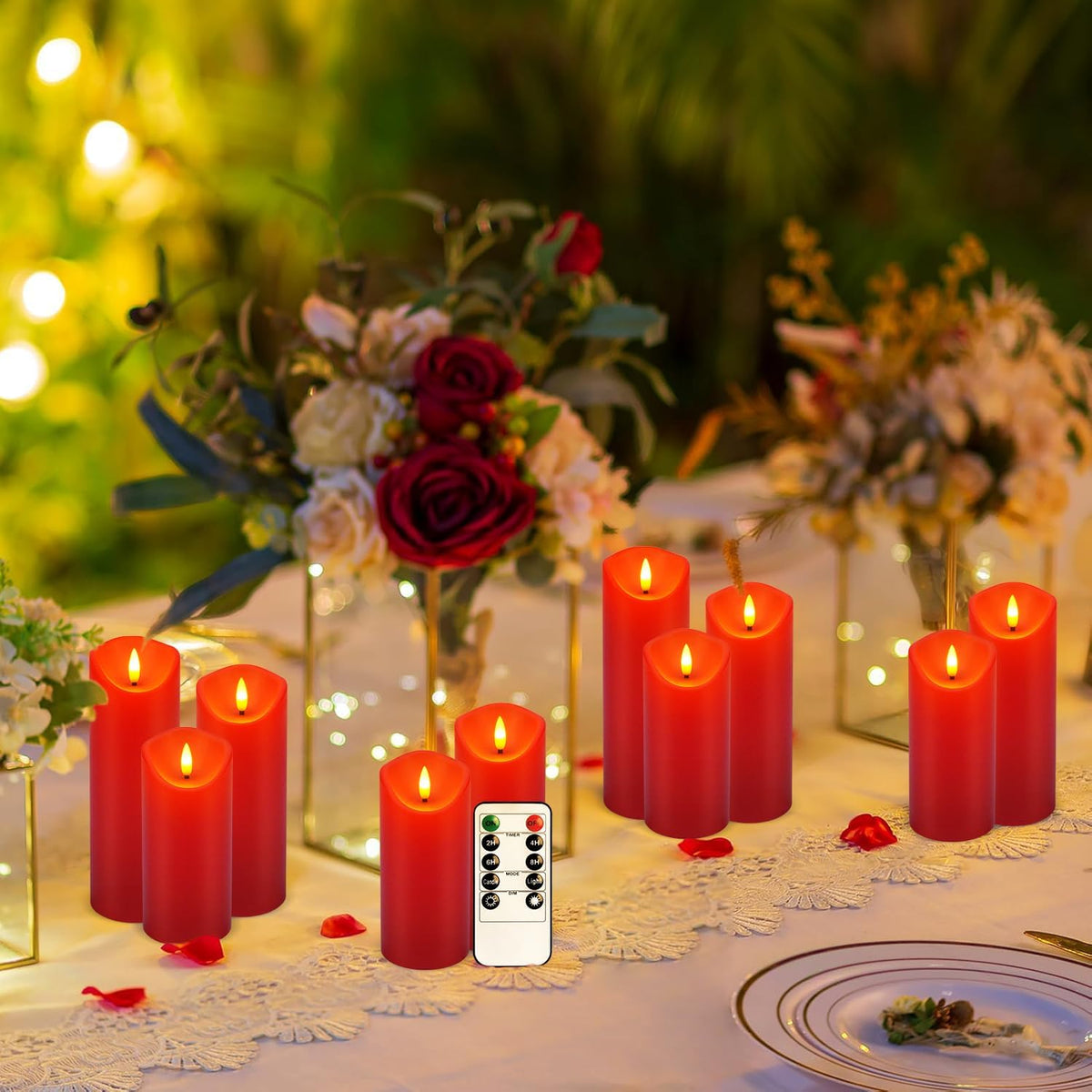 24-Pack Red Flameless LED Candles with Remote - Realistic Flickering Battery - Operated Pillar Candles forValentine's