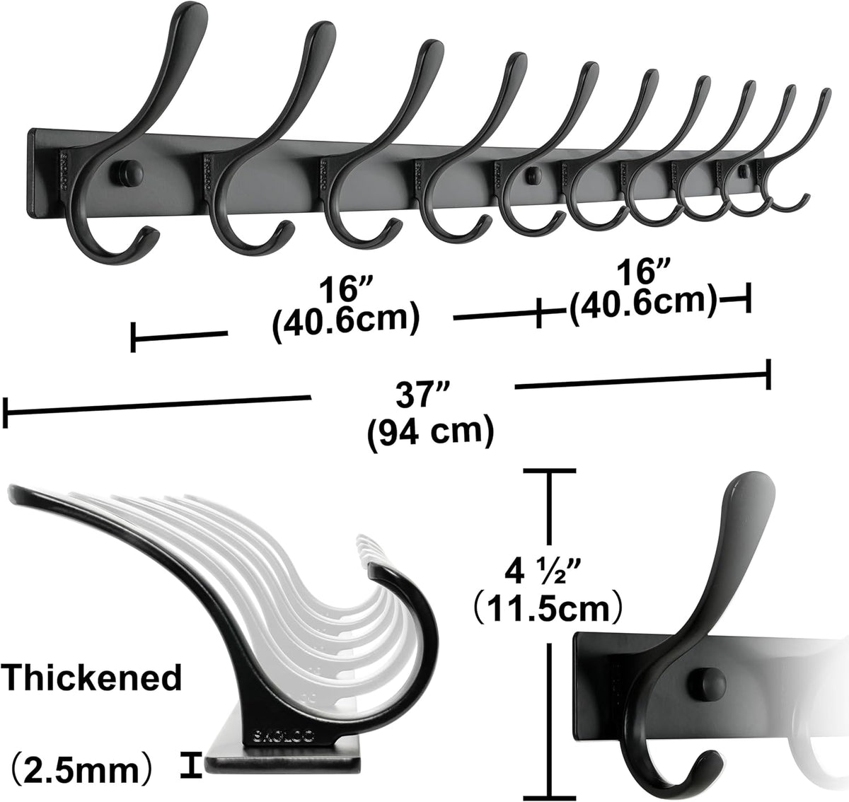 SKOLOO Coat Rack Wall Mounted - 10 Hooks, Heavy Duty, Stainless Steel, Metal Wall Hangers, Sturdy Coat Hooks for