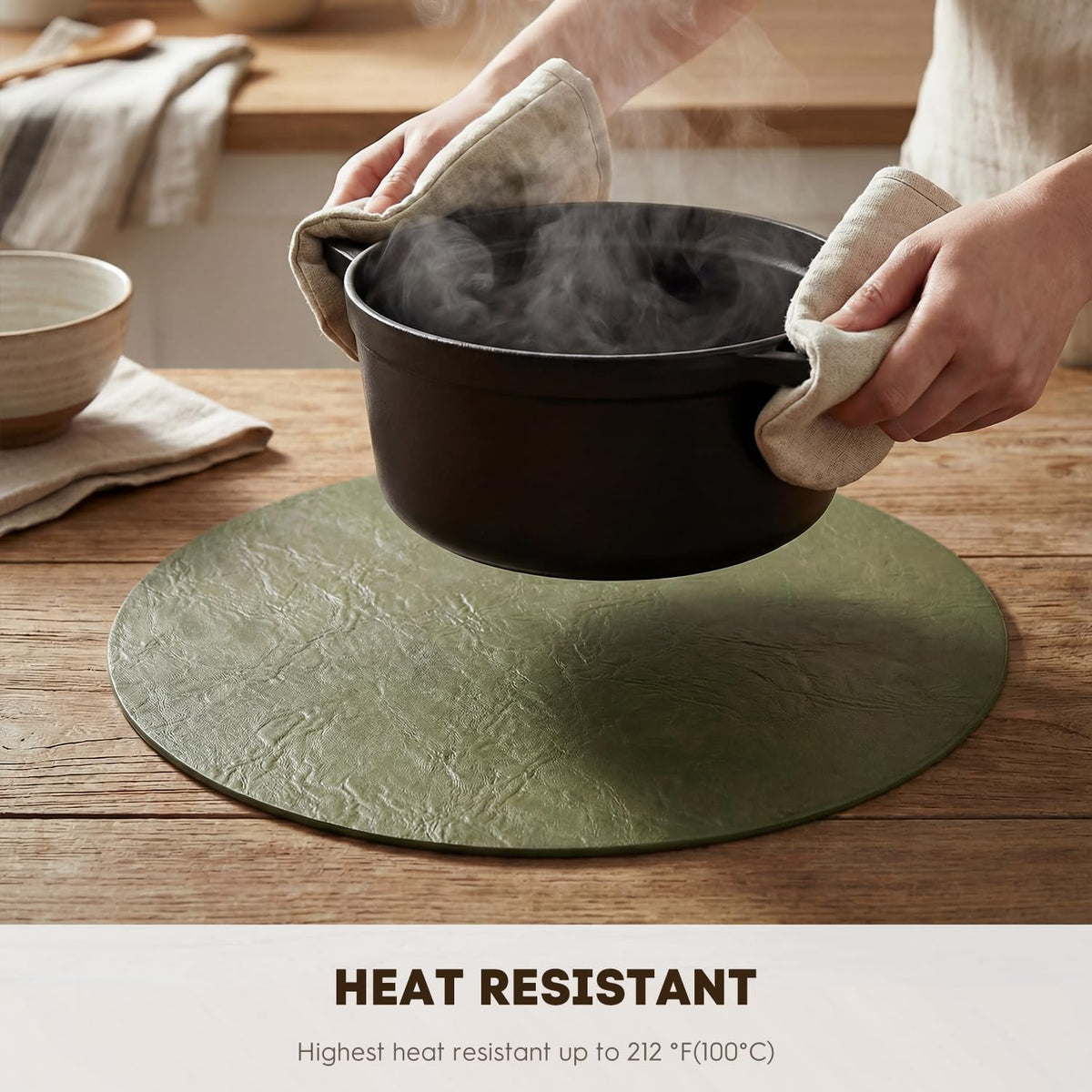 Artoid Mode Olive Green Faux Leather Placemats Set of 12, 15 Inch Waterproof Wipeable Heat Resistant Vinyl Place Mats