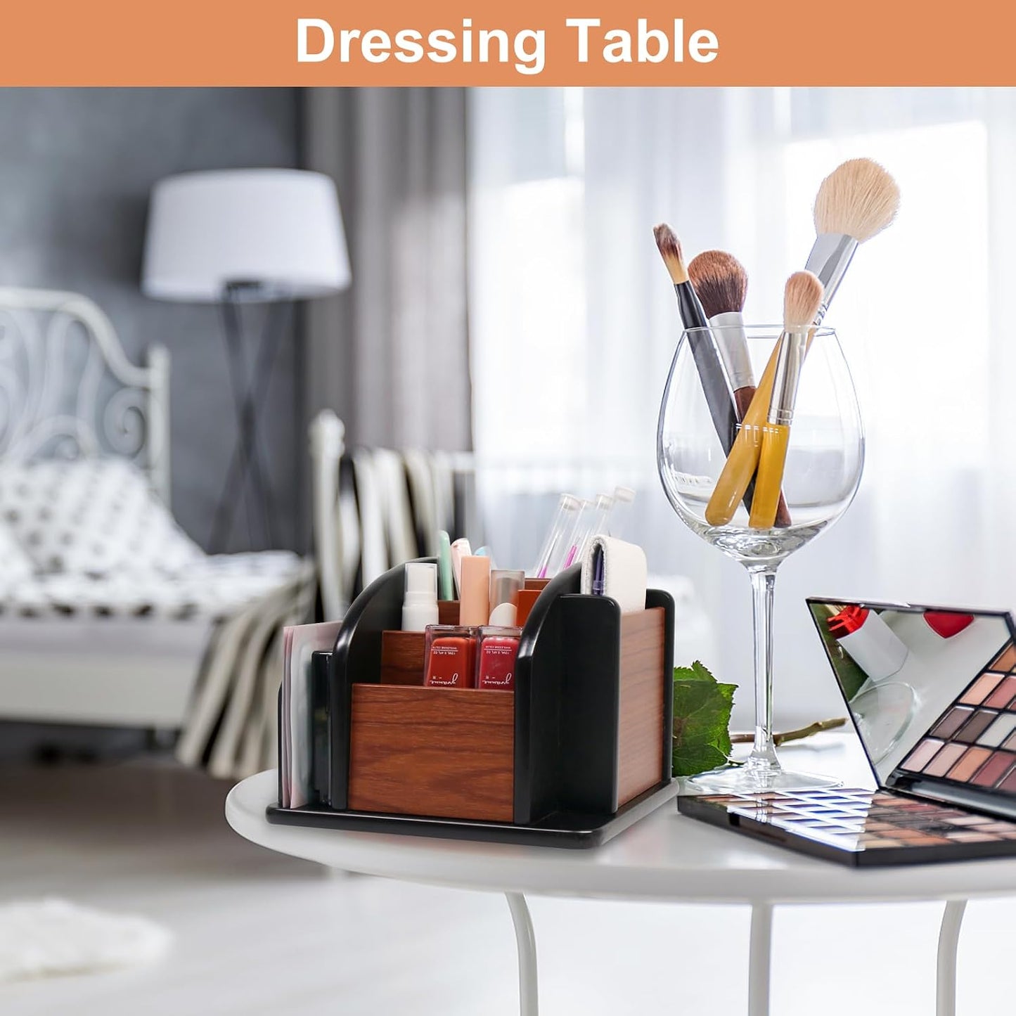 Coideal Remote Control Holder Caddy, 360° Rotating Coffee Table Organizer with 6 Compartments, Wood Remote Control