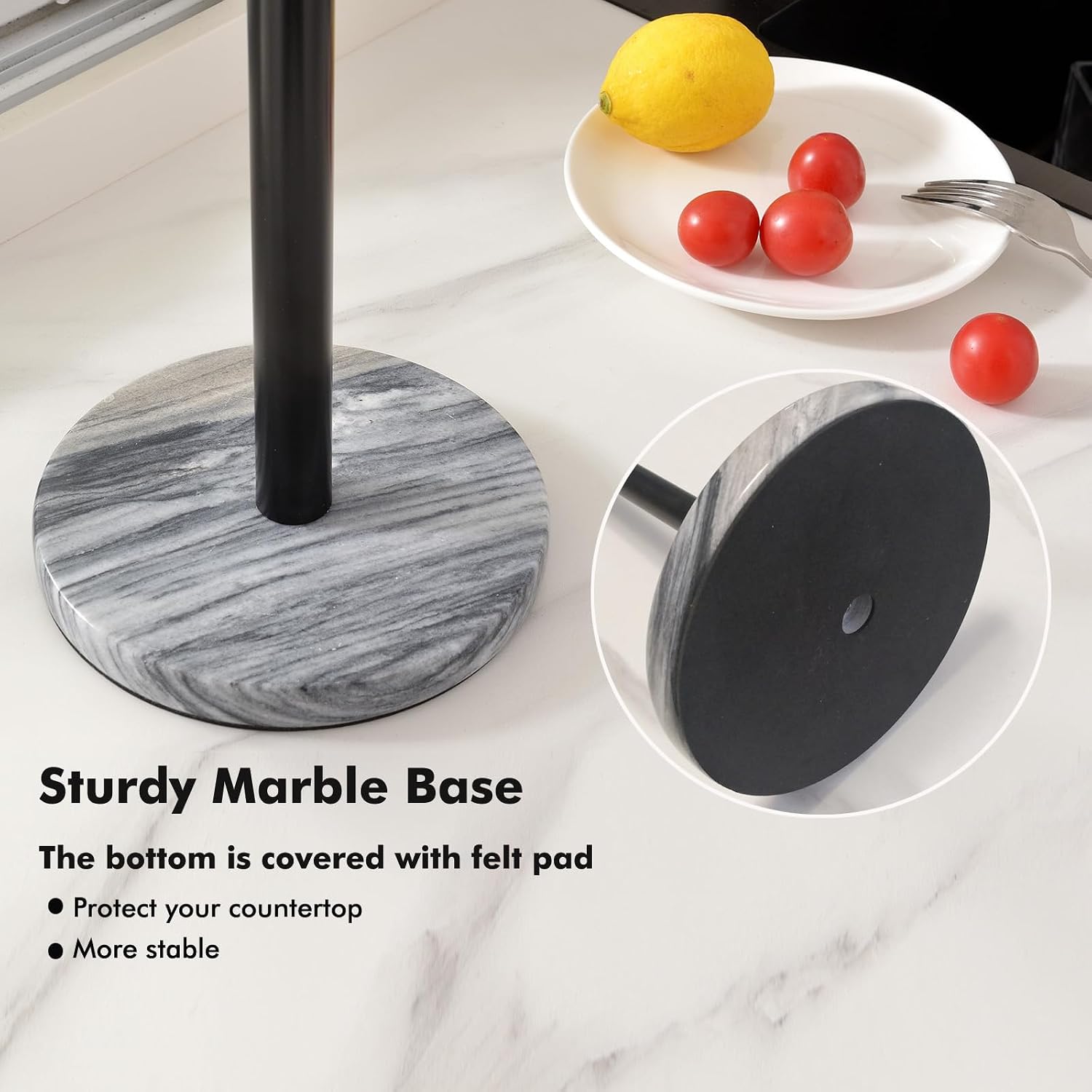 Black Paper Towel Holder Countertop with Heavy Marble Base, Standing Paper Towel Roll Holder for Kitchen Bathroom, with