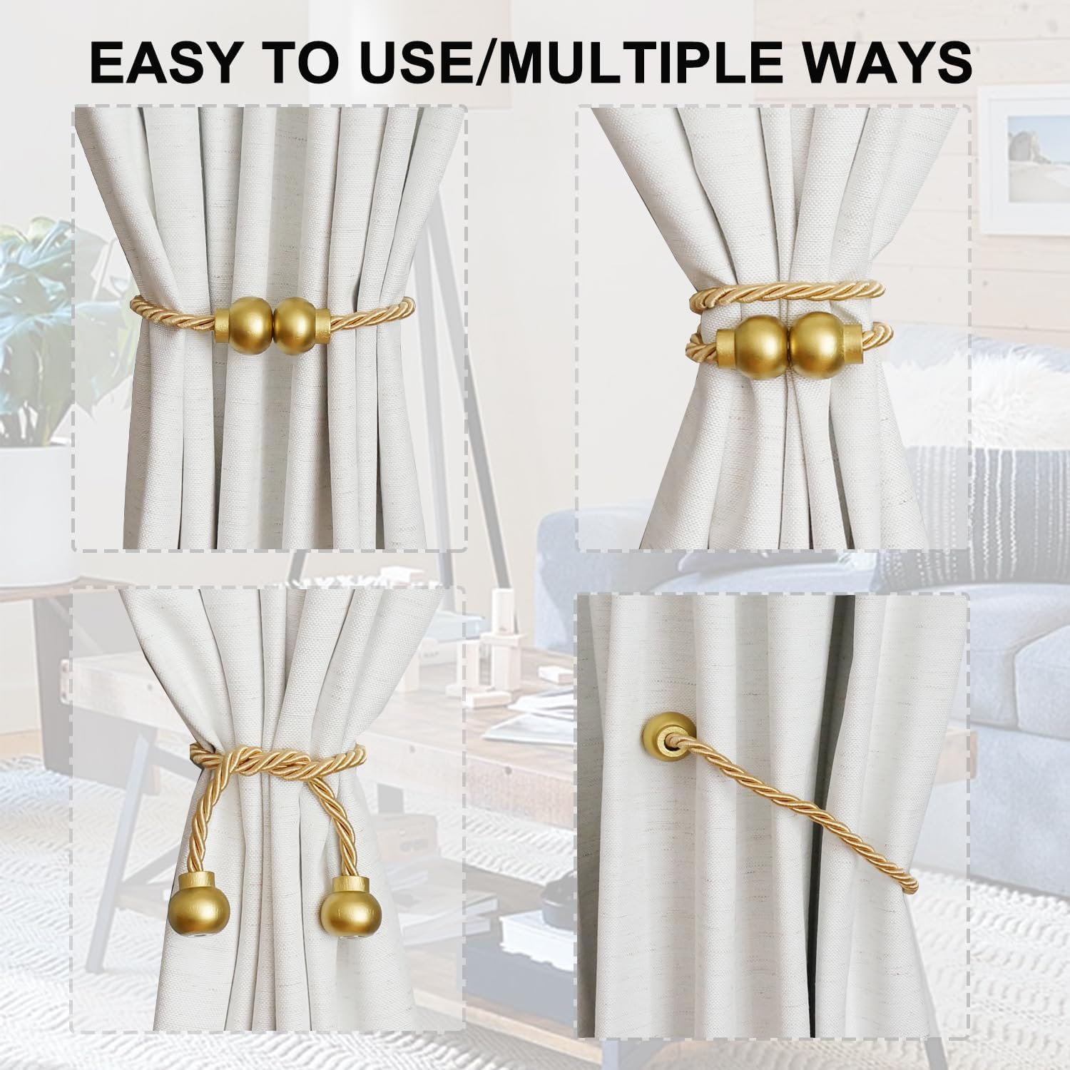 6Pcs Magnetic Curtain Tiebacks Modern Handmade Rope Curtain Tie Backs Gold | Decorative Drapes Weave Holdbacks for Home