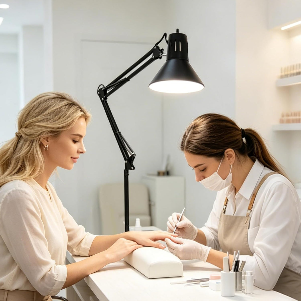 Black Desk Lamp with Clamp, Extra-Tall Adjustable Metal Swing Arm, 5000K | Manicurist Table Lamp for Nail Work