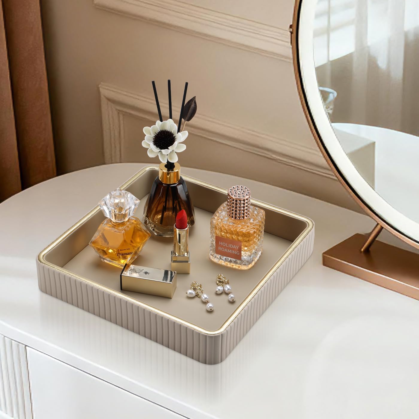 Square Perfume Tray Nightstand Organizer / Beige