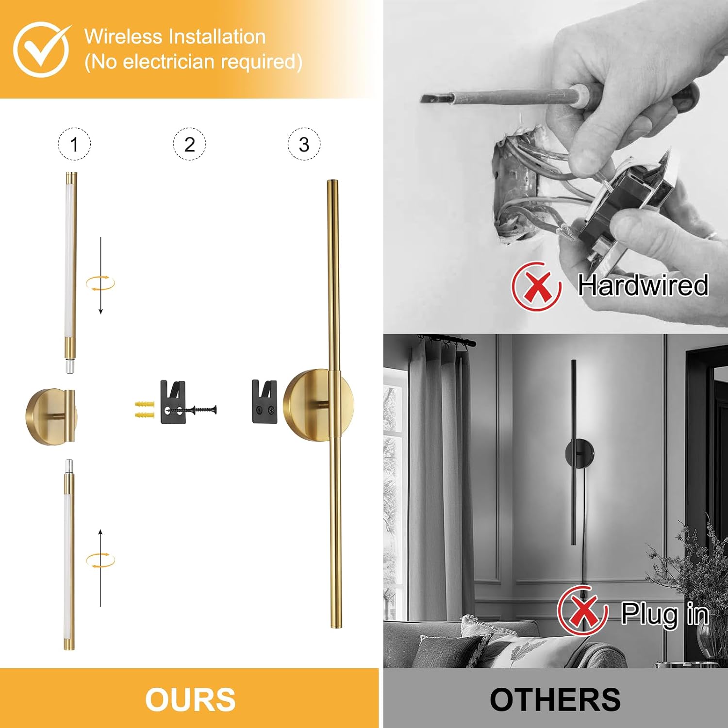 Wireless Battery Operated Wall Sconces with Remote, Gold Rechargeable Led Wall Lights Set of Two, Cordless Dimmable