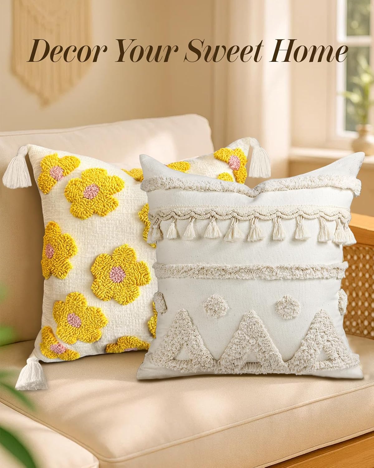 Tufted Boho Decorative Pillow Cover / Cream Tassel / 18 x 18