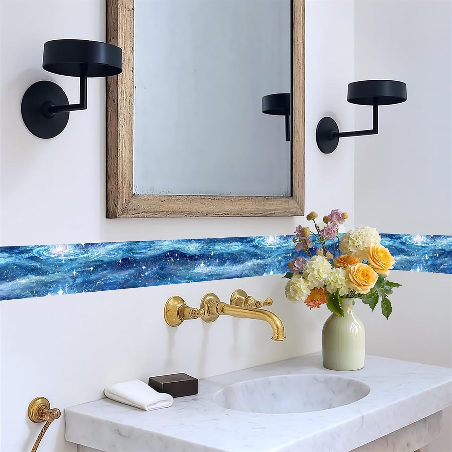 Wallpaper Border Peel and Stick Wall Border Self Adhesive Cosmic Starry Sky / Blue Galaxy / 196 x 4