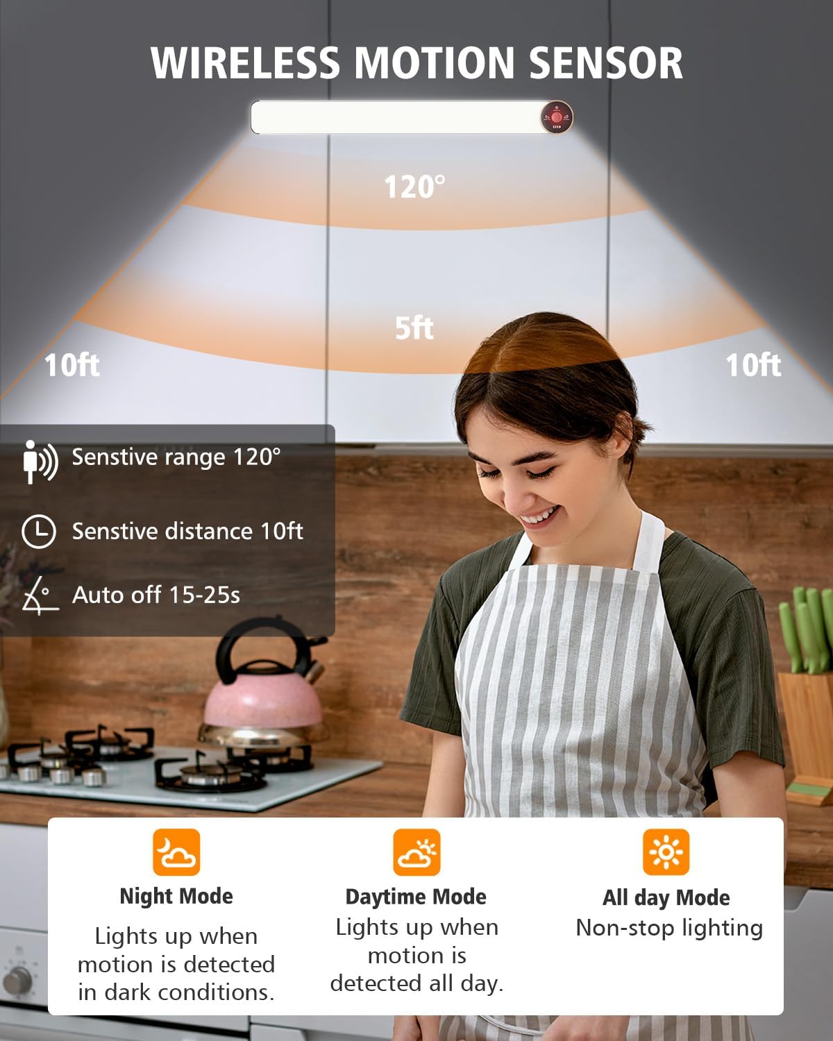 Motion Sensor Under Cabinet Lighting, 3-Color Dimmable, 84 LED 15 Inch Wireless Closet Lighting, Rechargeable 3200mAh