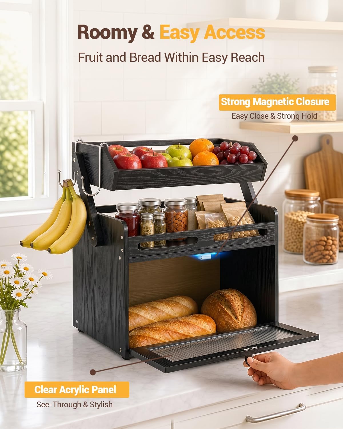 Bread Box for Kitchen Countertop, Bamboo Bread Storage with Fruit Basket | Black Large Bread Container, Raised-Rail