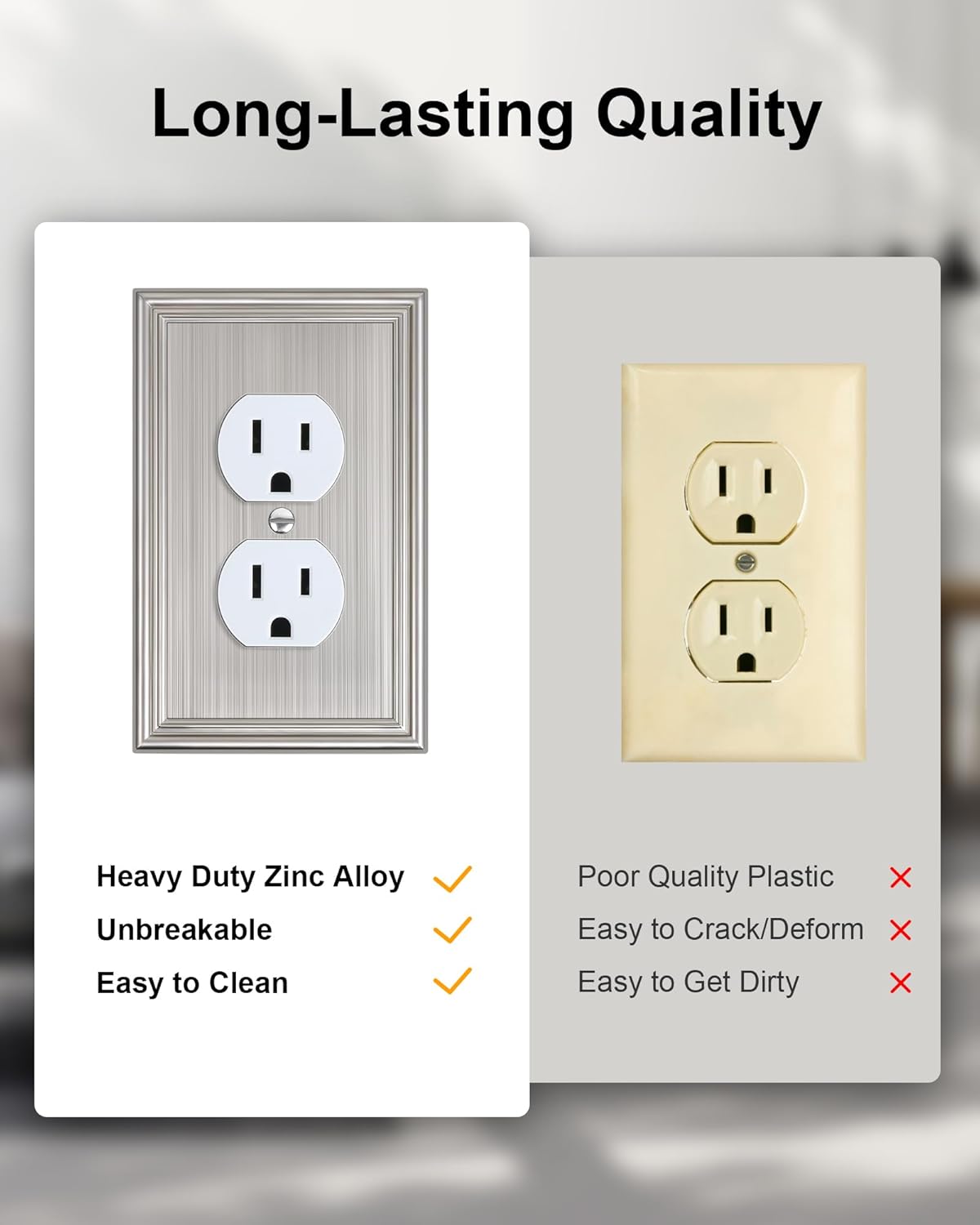6-Pack Zinc Alloy Single Duplex Outlet Cover Plate, Solid Receptacle Cover | Decorative Switch Plates and Outlet