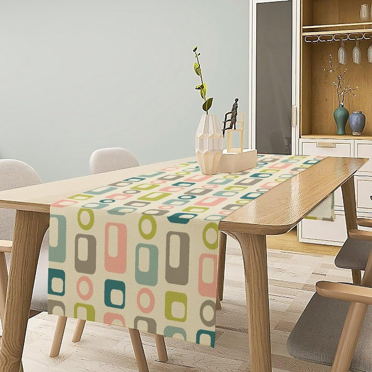 Mid Century Table Runner,Colorful Abstract Aesthetic Geometric Minimalist Patterns Printed Linen Table Runner for Home