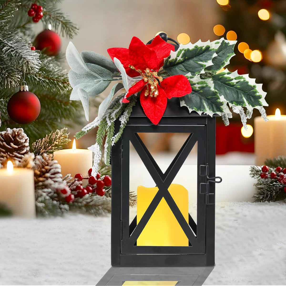 Christmas Decorative Lanterns 2 Pack 12 Inch with Timer Candles Xmars Decor | 12 inch black metal Christmas lanterns