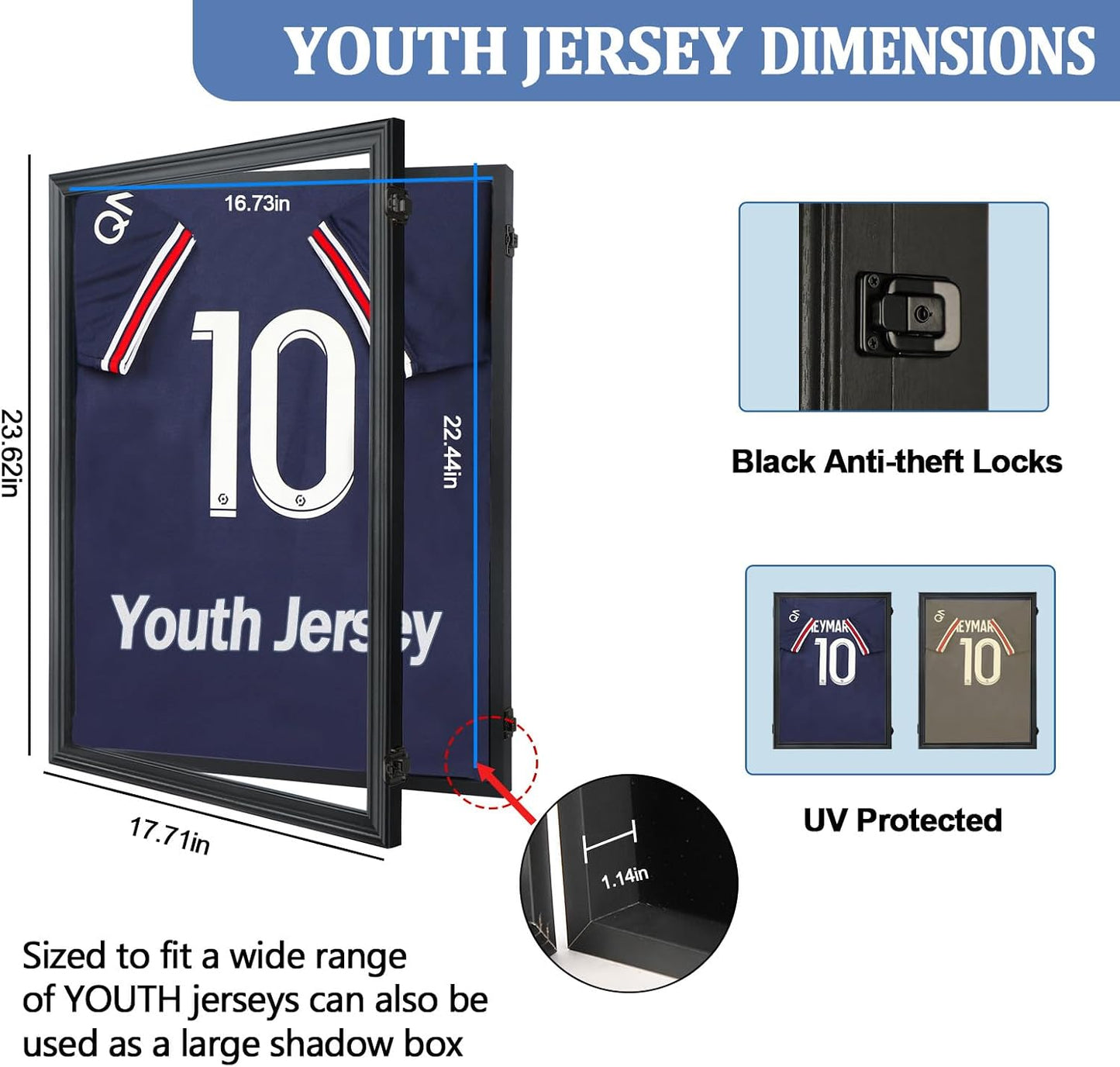 IHEIPYE Kids Jersey Frame Display Case Sport Small Jersey Shadow Box Black | Lockable, Black Lock, UV Protection