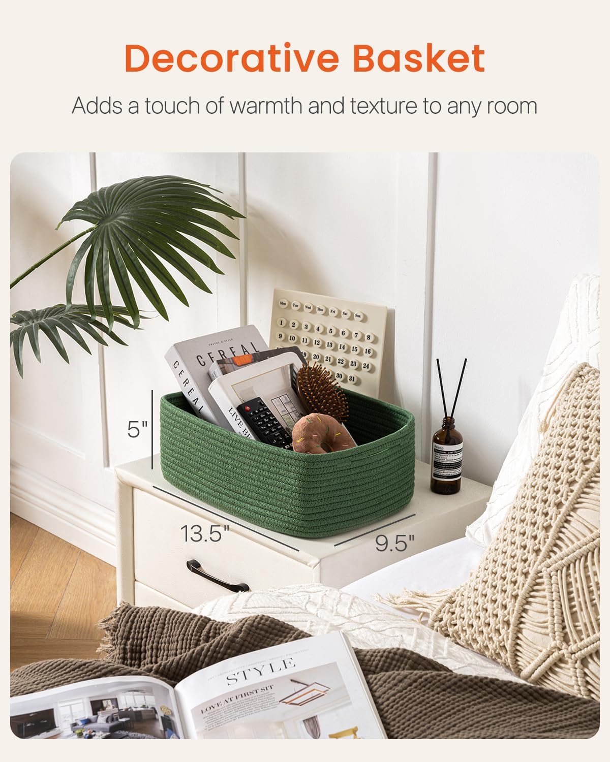 Small Woven Basket / Green / 13.5"L x 9.5"W x 5"H / 13.5 x 9.5 x 5