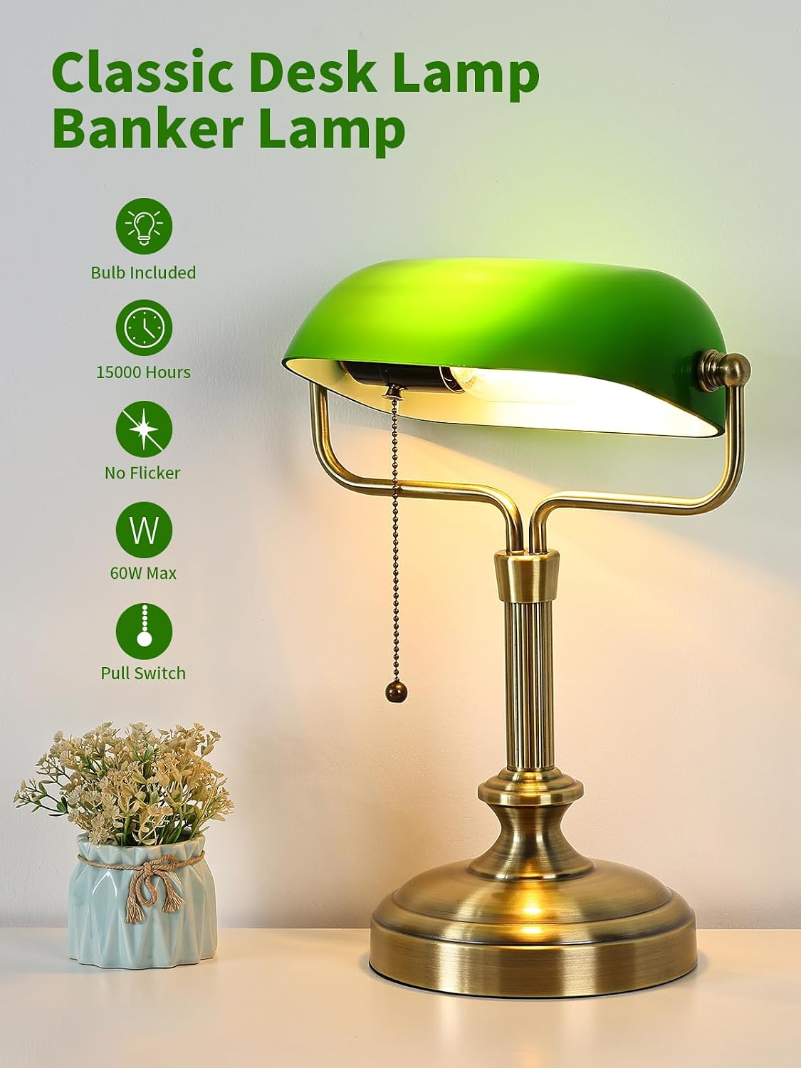 Traditional Banker's Desk Lamp with Glass Shade,Pull Chain Switch, LED Bulb Included (Antique Bronze+Green)