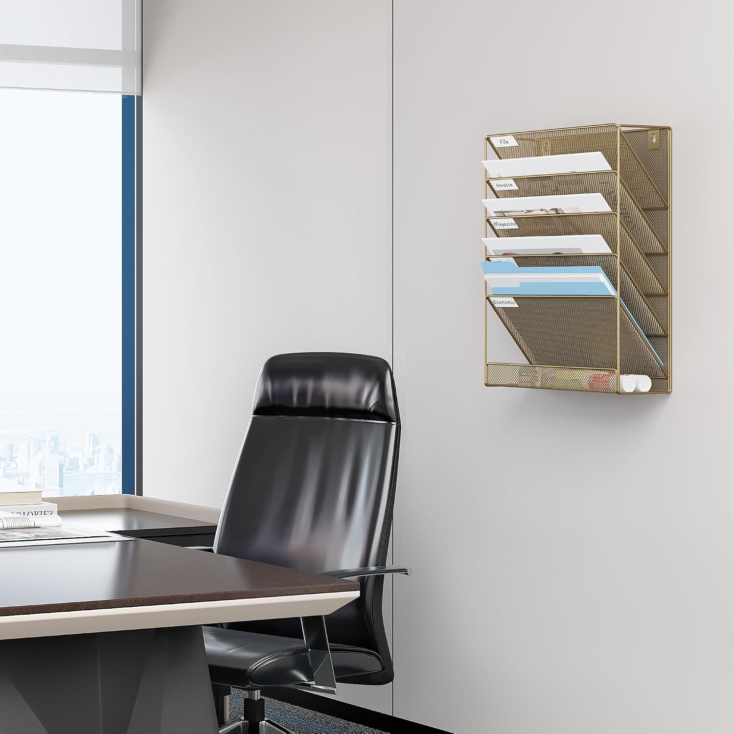 EasyPAG 5 Tier Wall File Holder, Mesh Hanging Folder Organizer with Classify Label, Versatile Desk File Holder