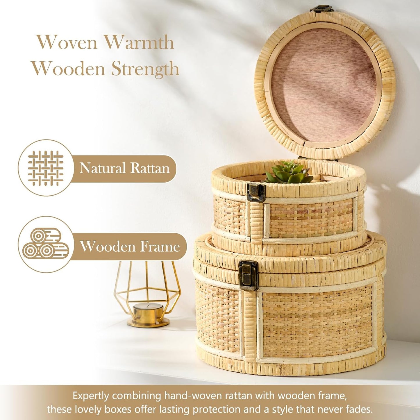 Lids Wooden Frame Decorative Rattan Round Baskets Set Handmade Woven Wicker / Natural / Set of 2