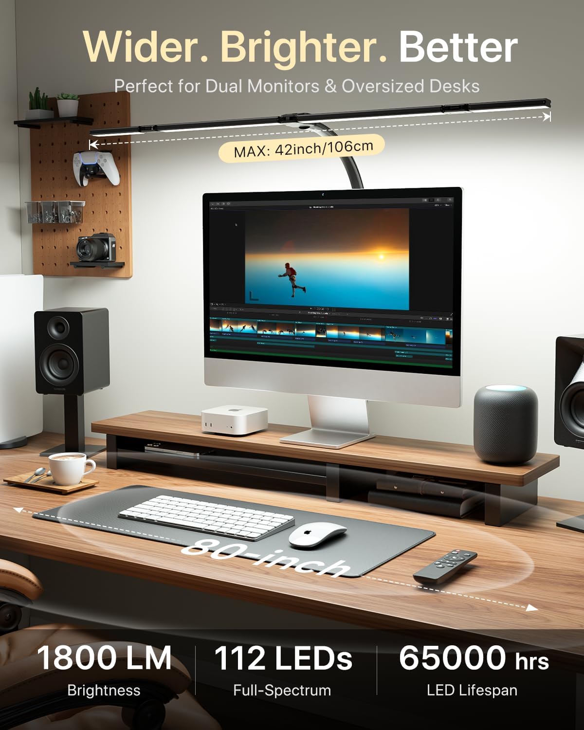 ONEMIX LED Desk Lamp with Clamp, 42-Inch 4-Panel Light for Dual Monitors | 1800 Lumens, 4 Adjustable Panels, 5 Color