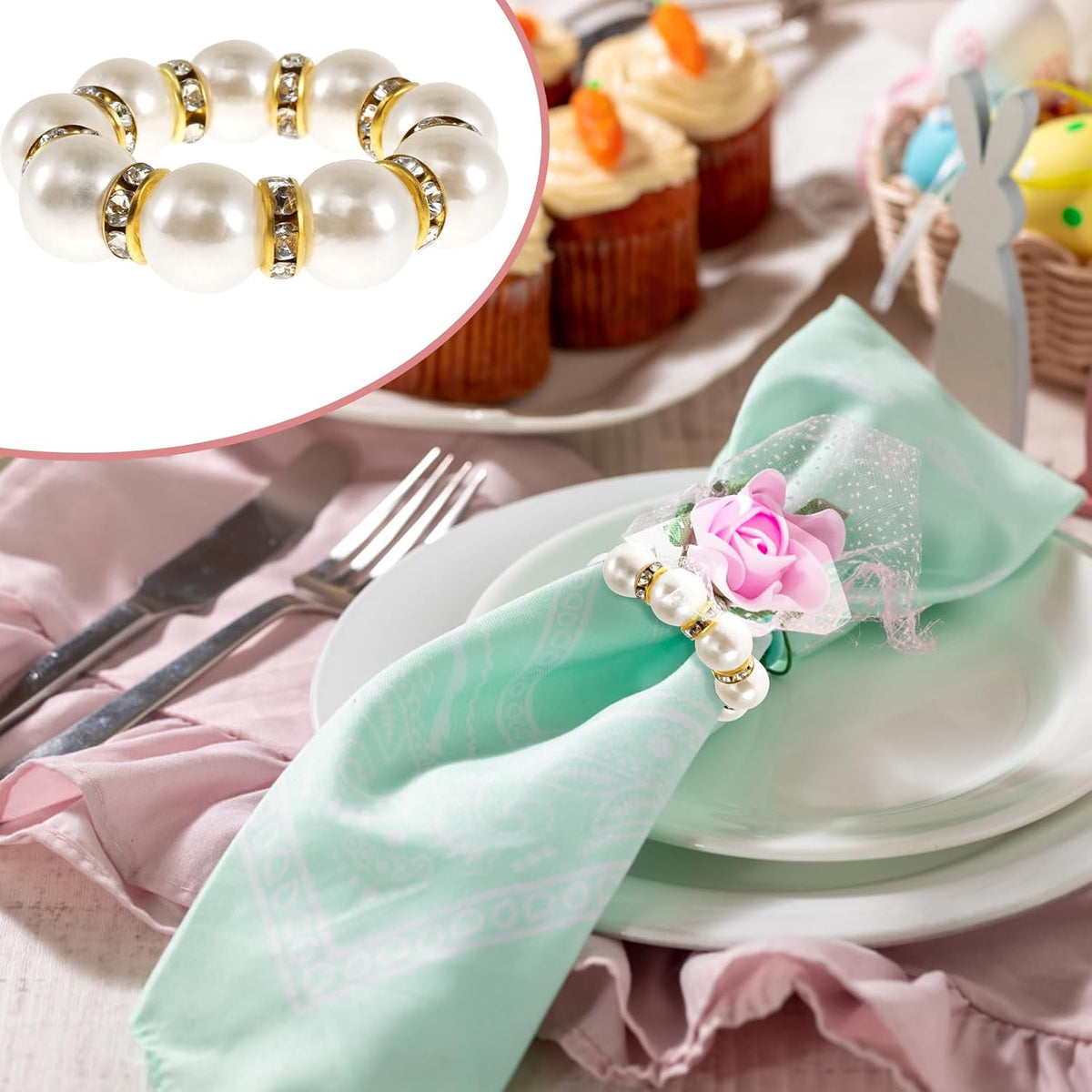 240 Pcs Gold Pearl Napkin Rings, Imitation Pearl Ring Napkin Holder, Delicate Disposable White & Gold Napkins Rings