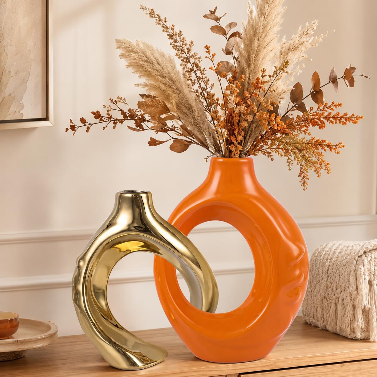 Round Boho Vase for Pampas Grass / Orange / Set of 2