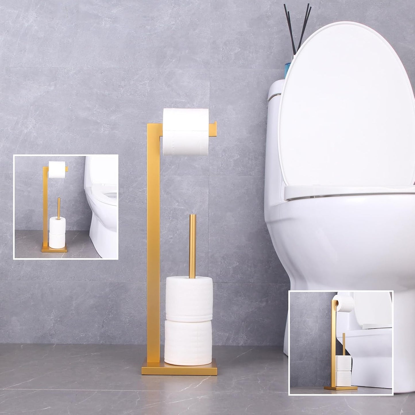 GERZWY Gold Toilet Paper Holder Free Standing with Reserve Stainless Steel Tissue Roll Holder Floor Stand Storage