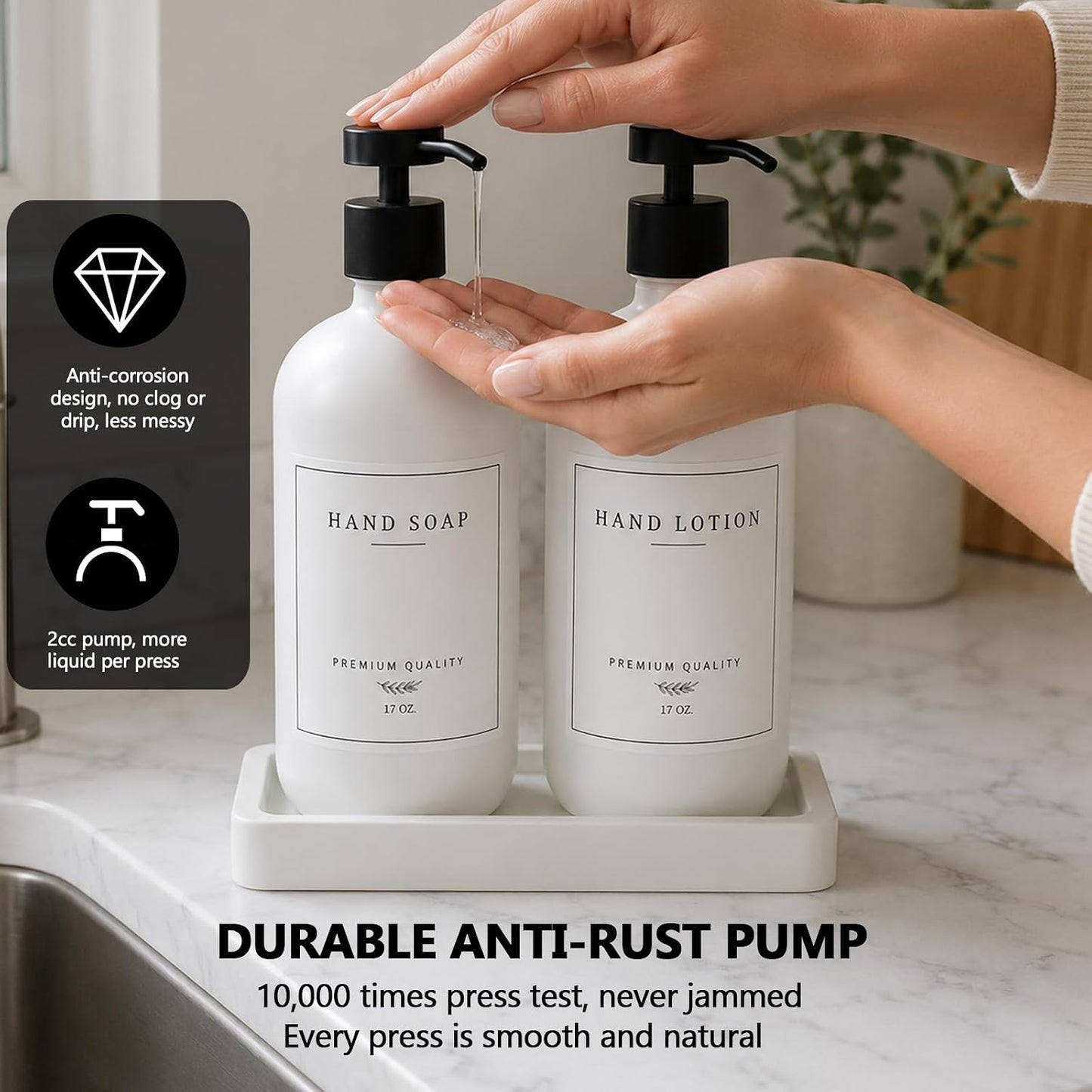 Kitchen Soap Dispenser - Hand and Dish Soap Dispenser Set, Bathroom Glass Soap and Lotion Dispenser with Pump, Tray, 14