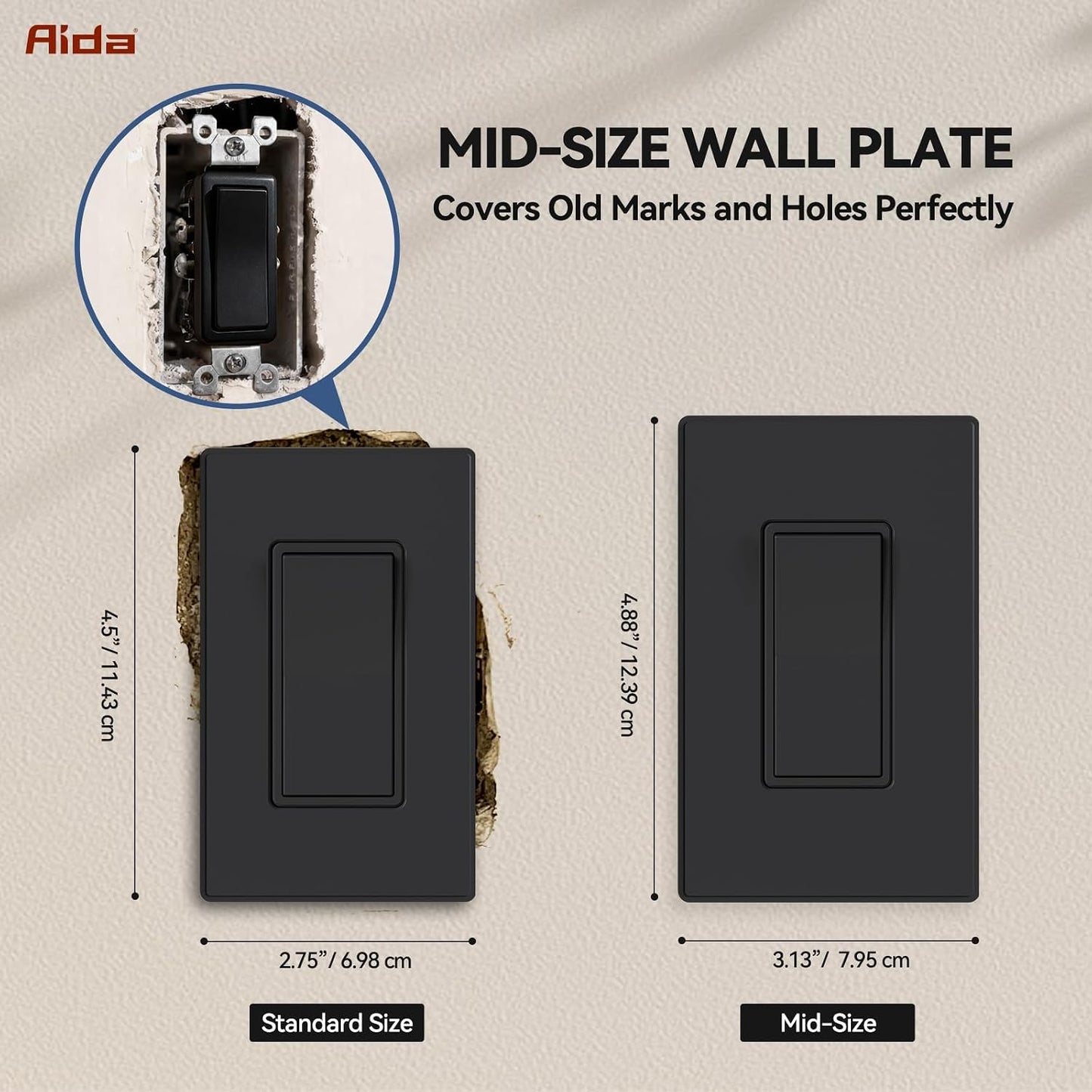 AIDA 1-Gang Midsize Screwless Light Switch Cover Plate, Decorative Outlet Covers - Matte Black, 10-Pack Screwless
