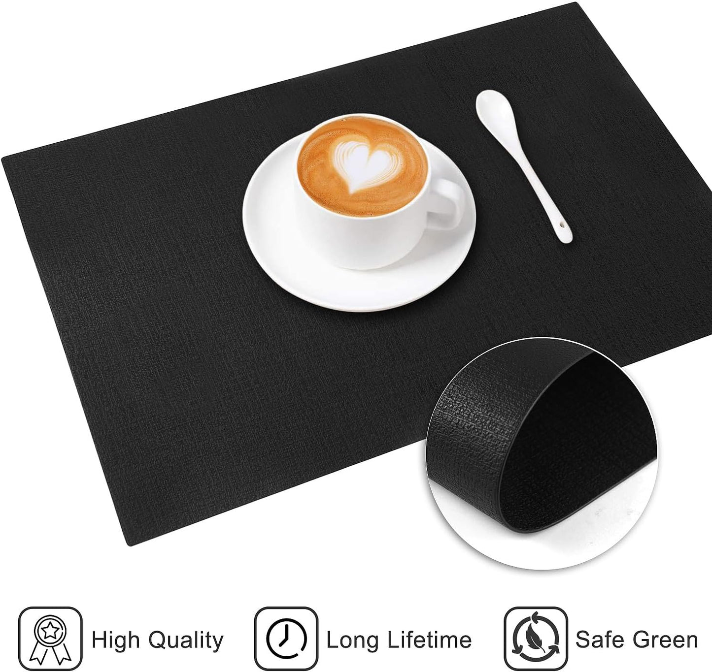 Leather Heat Resistant Placemats Set of 6 Waterproof Wipeable Washable PU Table Mats,Easy to Clean Anti-Slip (6, Black)