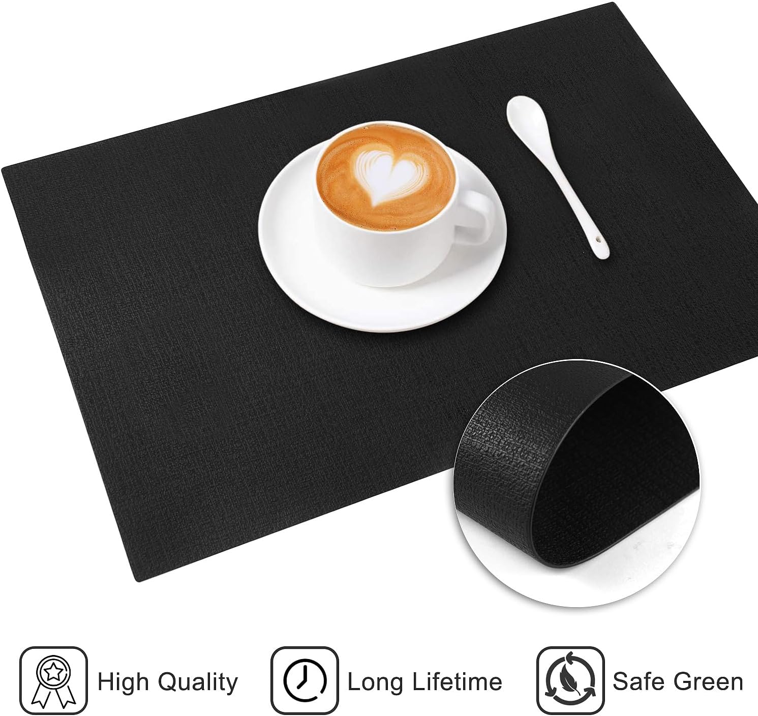 Leather Heat Resistant Placemats Set of 6 Waterproof Wipeable Washable PU Table Mats,Easy to Clean Anti-Slip (6, Black)