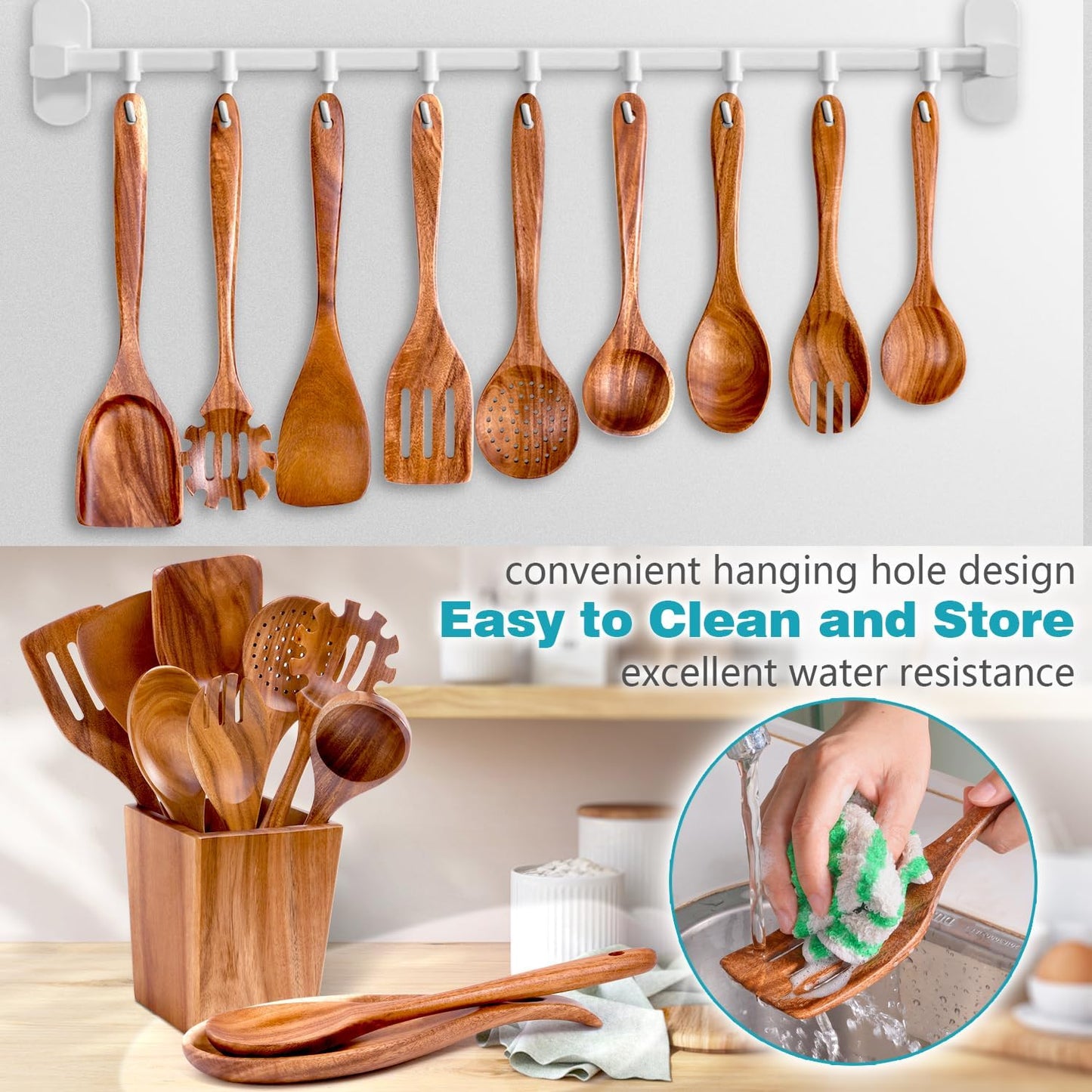 HOWHONG Wooden Spoons for Cooking, 11-Piece Wooden Utensil Set with Holder | Acacia Wood, Wooden Cooking Utensils