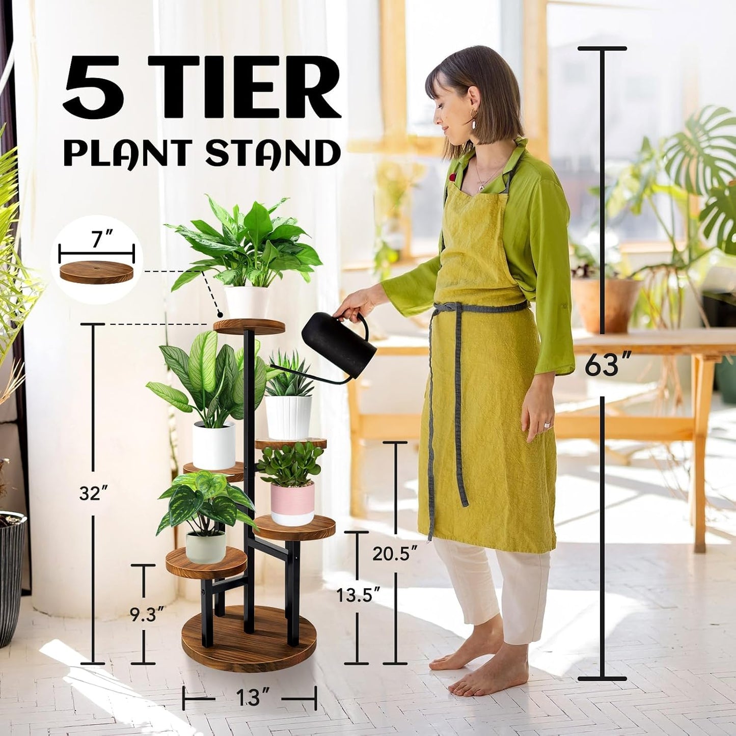 AUGOSTA 5 Tier Plant Stand, Tall Metal Wood Shelf Holder for Indoor Plants, Outdoor Garden Plant Display Rack Flower