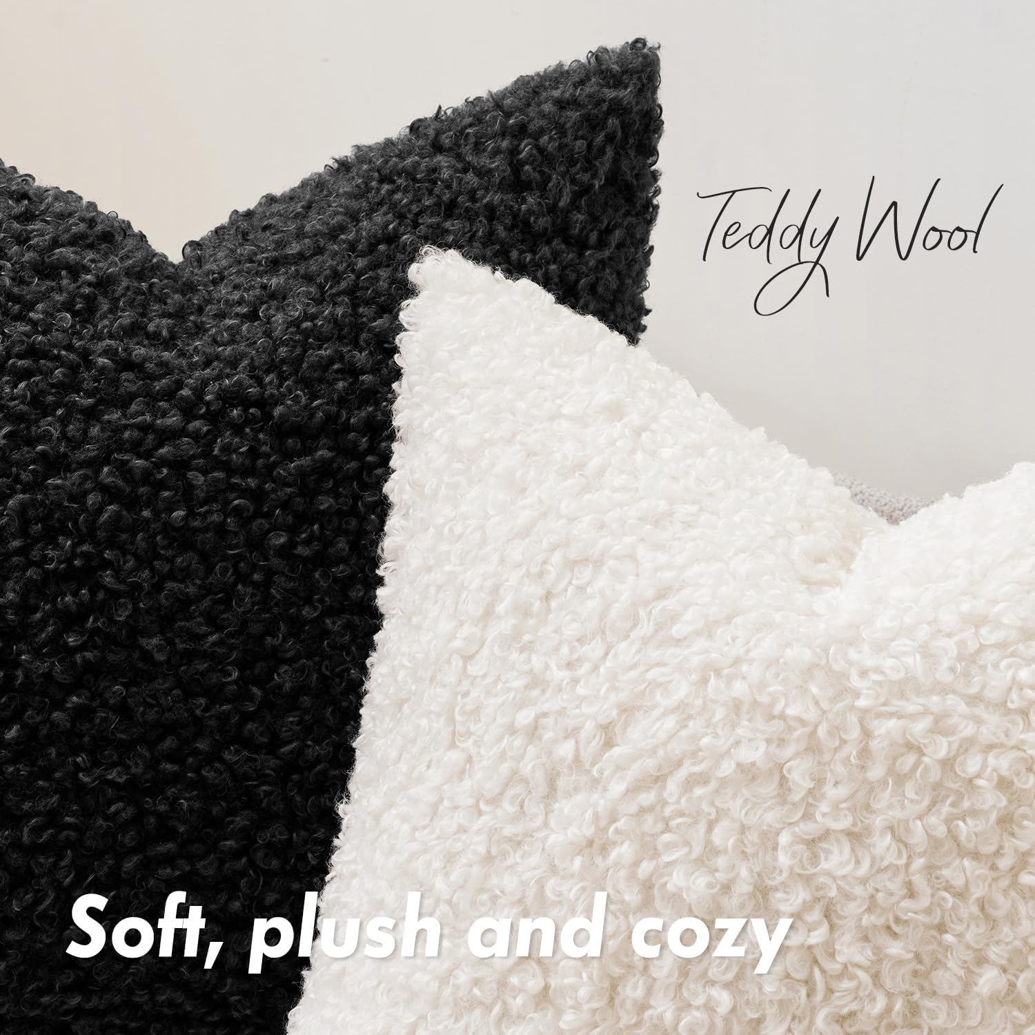 Faux Fur Throw Pillow Covers Boucle Neutral Decorative Sherpa Fuzzy / 18 x 18 / Black / Set of 2