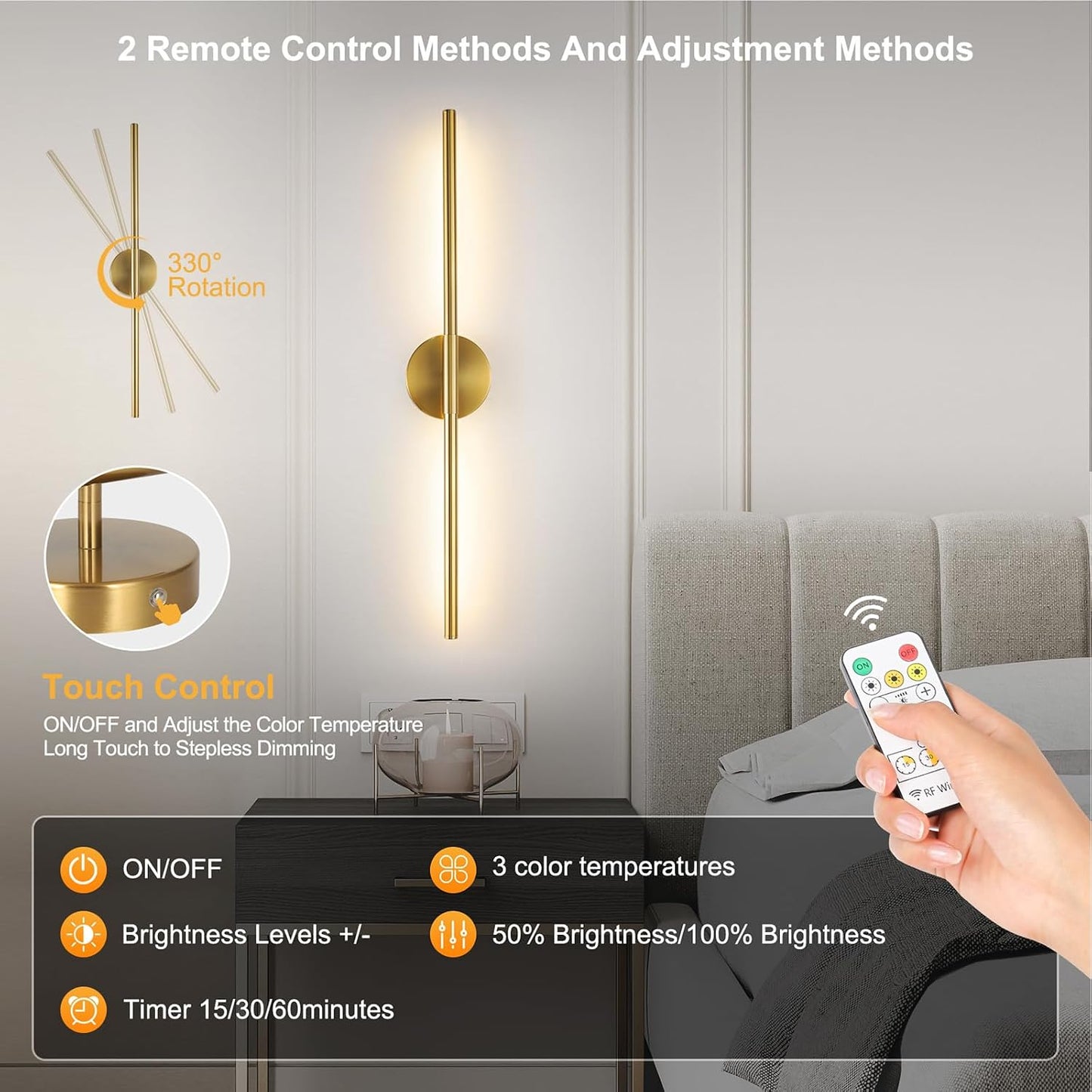Wireless Battery Operated Wall Sconces with Remote, Gold Rechargeable Led Wall Lights Set of Two, Cordless Dimmable