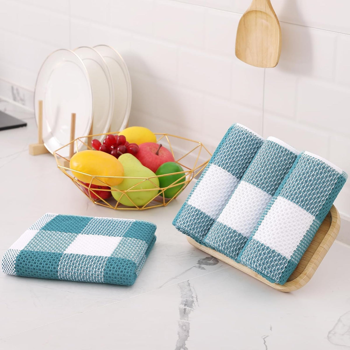 Homaxy Kitchen Towels and Dishcloths Set, Set of 10, White & Lake Blue | Bulk Cotton Waffle Weave Check Plaid Kitchen
