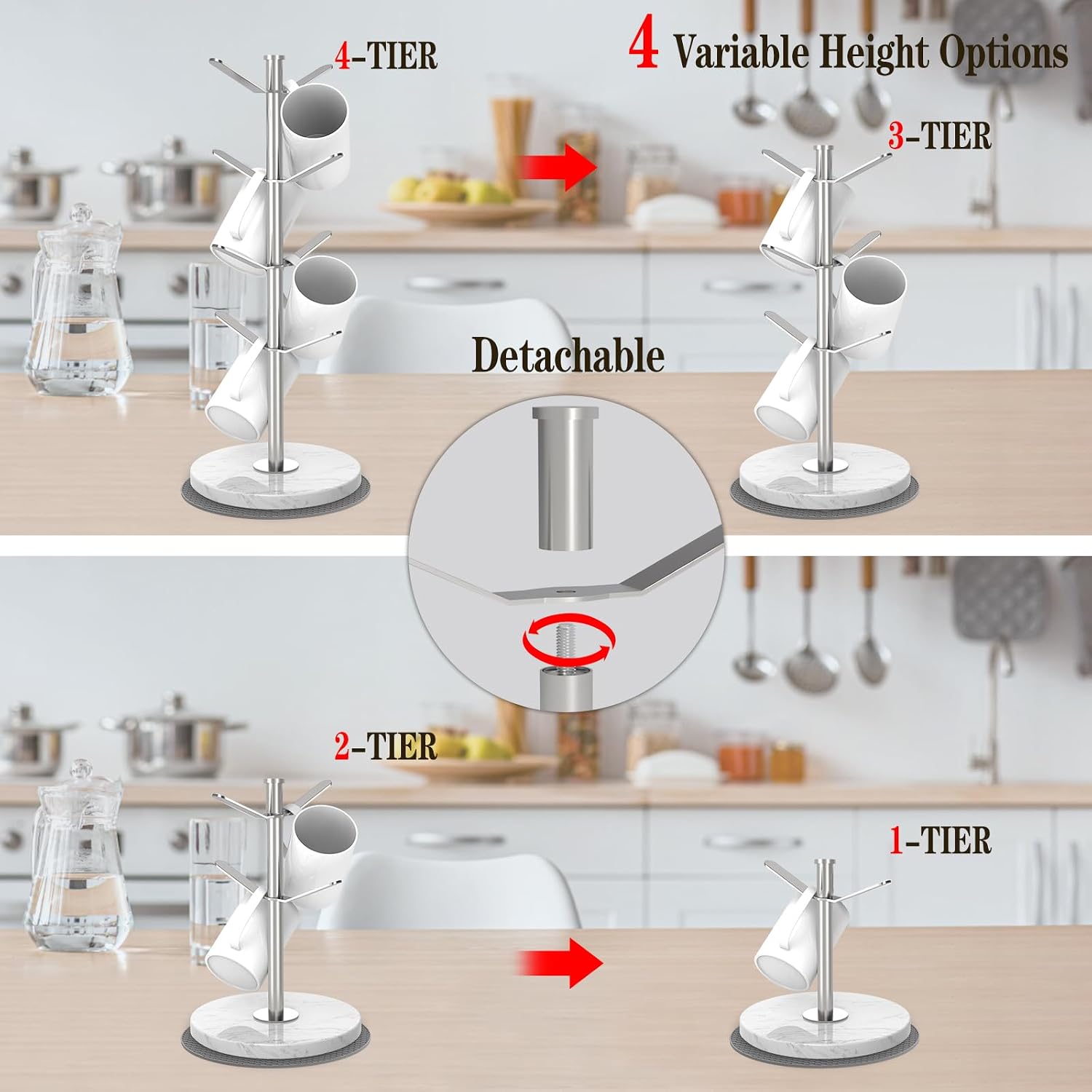 Silver Marble Mug Holder Tree with 2–8 Adjustable Hooks | Detachable Stainless Steel Coffee Cup Stand with Modular