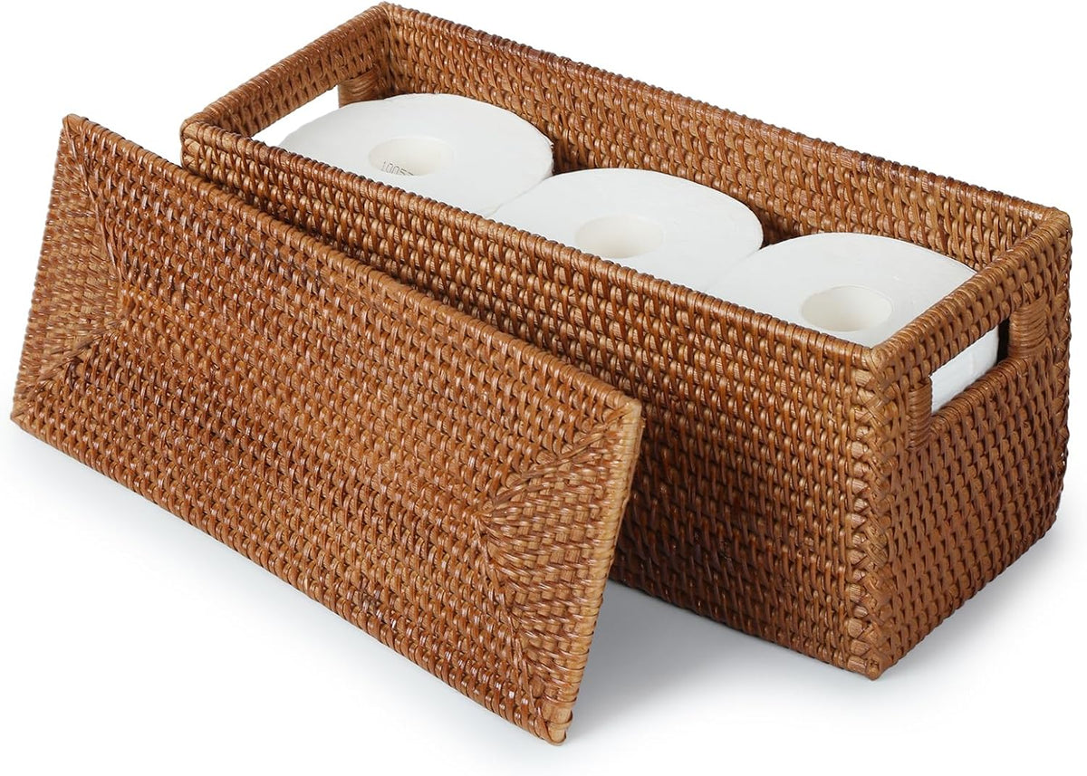 YANGQIHOME Toilet Paper Basket, Rattan Toilet Tank Basket for Bathroom, Wicker Baskets with Lid for Storage, Brown
