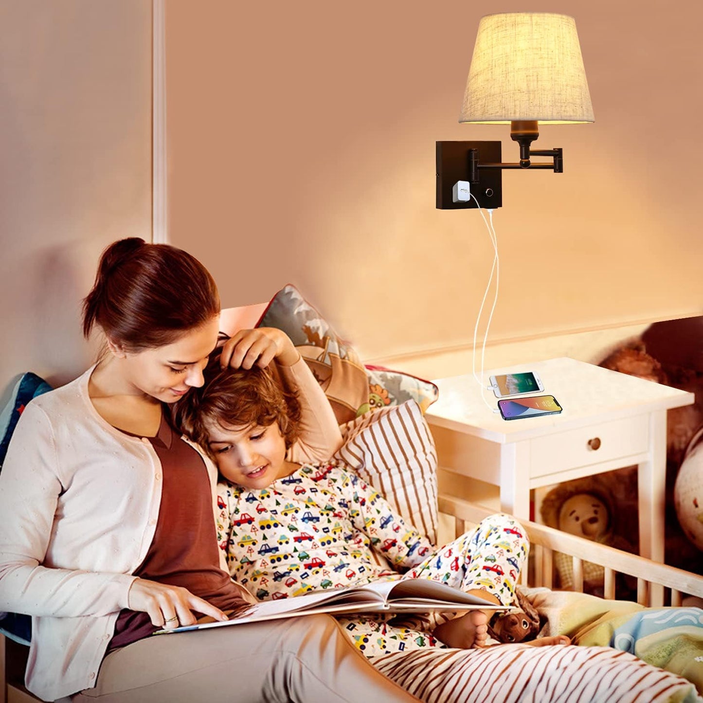 Bedside Wall Mount Light with Dimmable Switch and Outlet, Swing Arm Fabric Shade Wall Sconce Light with USB Port and