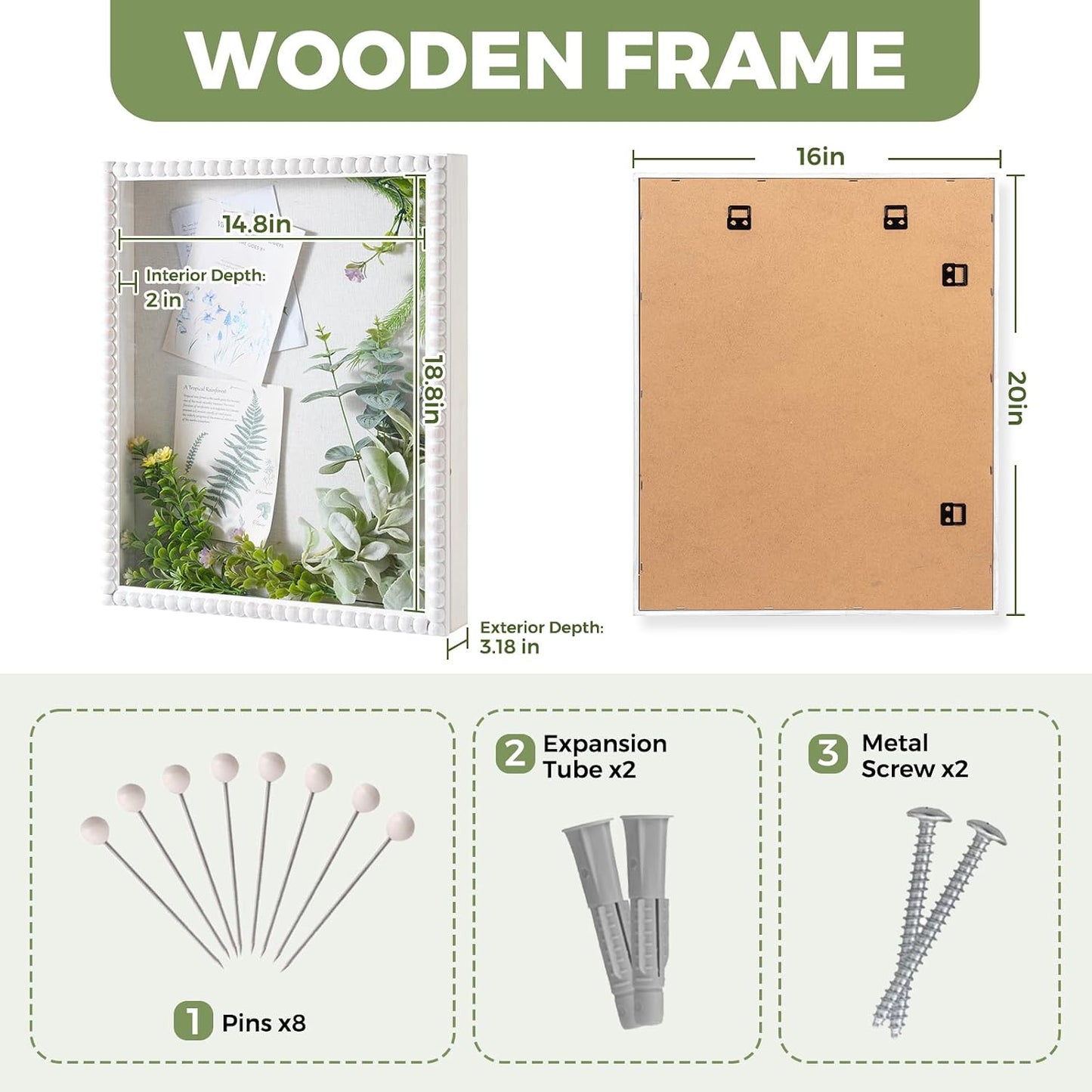 Muzilife 16x20 Shadow Box Pine Wood with Unique Bead Door, 3.18 Deep, White | FSC- Solid Pine | Tempered Glass