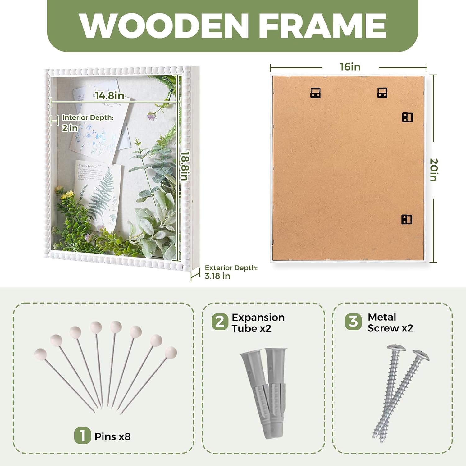 Muzilife 16x20 Shadow Box Pine Wood with Unique Bead Door, 3.18 Deep, White | FSC- Solid Pine | Tempered Glass