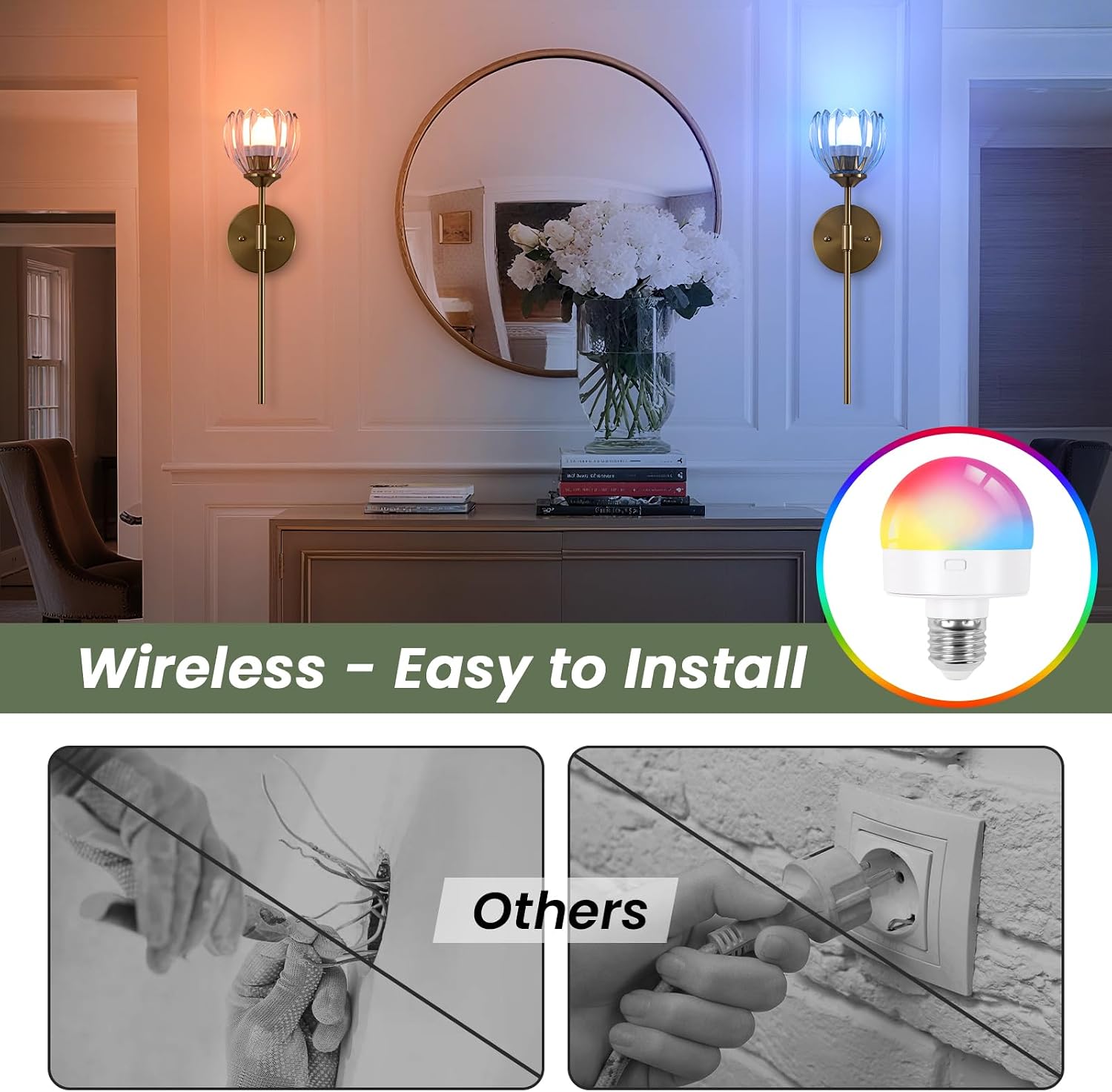Vintage Battery Operated Wall Sconce Set of 2,Rechargeable Wall Lights with RGB Dimmable Detachable Bulbs and