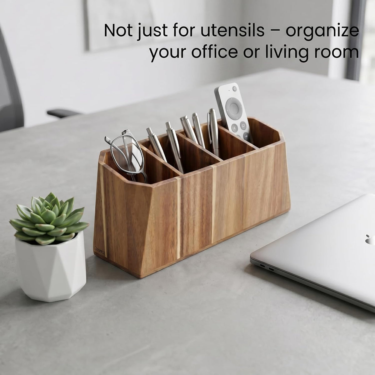 Extra Large Kitchen Utensil Holder for Countertop – Acacia Wood Utensil Holder with 4 Compartments, Beveled Edges