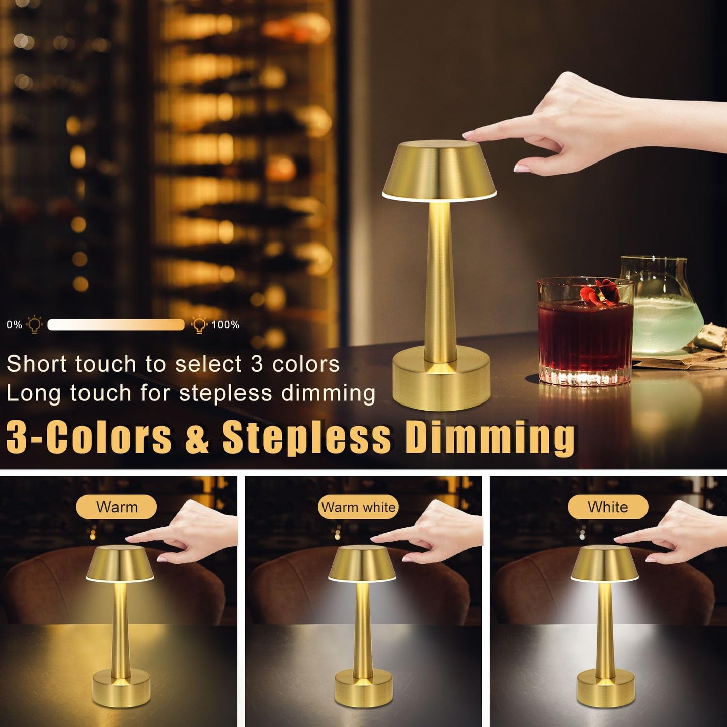 UMEXUS 8.8'' Small Cordless Batttery Operated Table Lamp for Restaurant Bar | Rechargeable 3-Way Stepless Dimmable