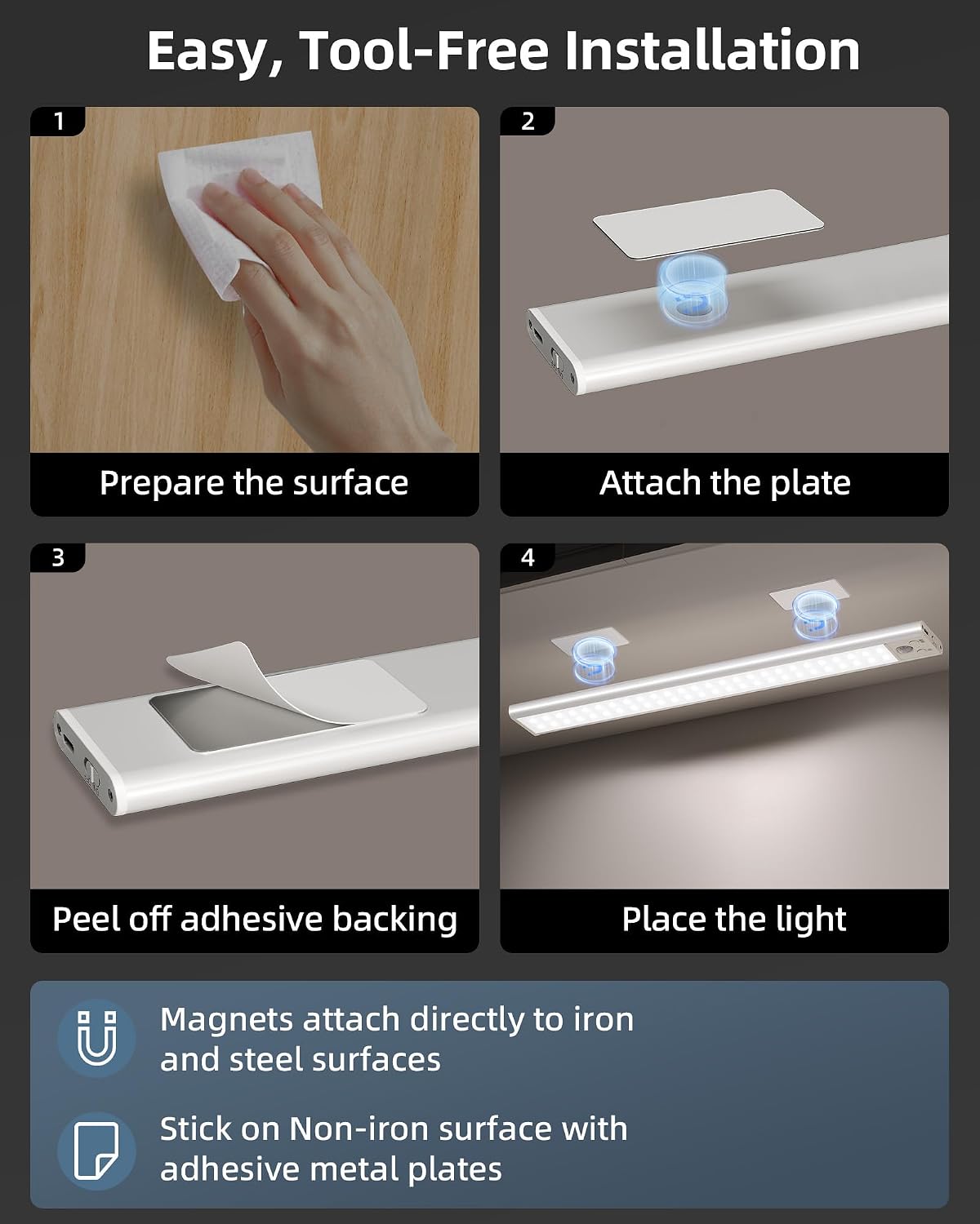14.5-inch Under Cabinet Lights, Wireless Closet Light, Motion Sensor, 3500mAh Rechargeable Battery, Magnetic, 3 Color