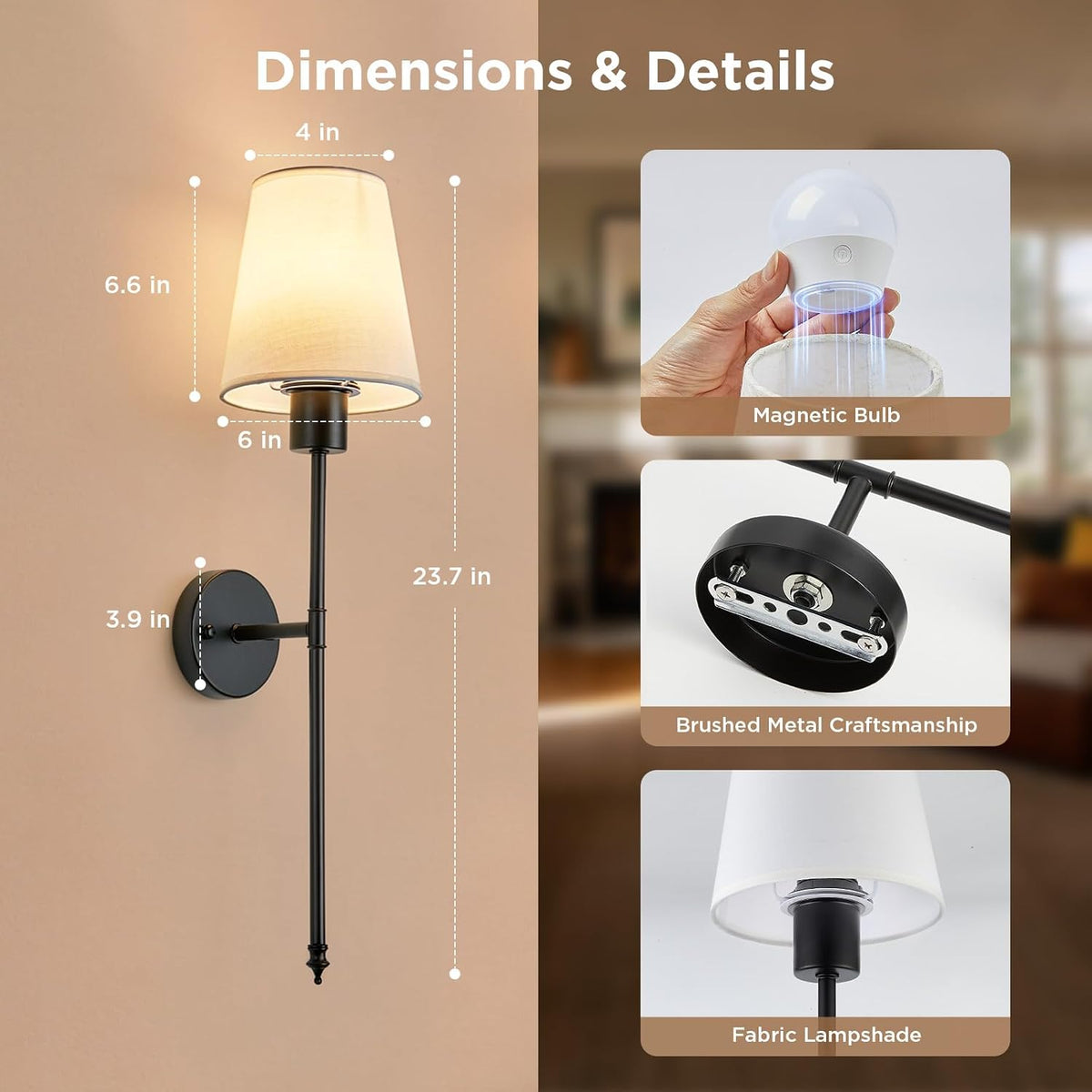 Brightown Battery Operated Wall Sconces Set of 2,Black Sconces Wall Decor | RGBWW Rechargeable Wall Lights with