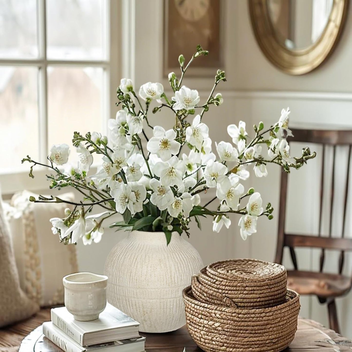 Wide Ceramic Vase for Cafe Centerpiece / 7" Cream White