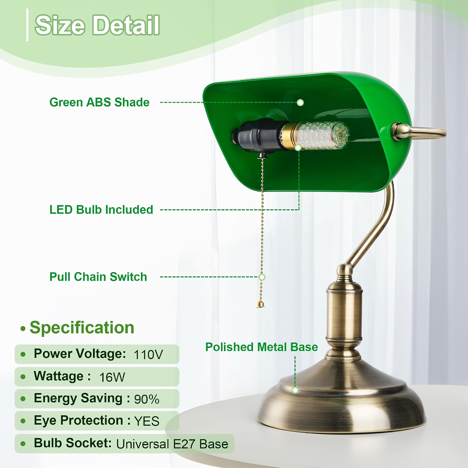 Bankers Lamp, Green Desk Lamp with Pull Chain Switch, 3 Lighting Color Mid Century Banker's Desk Light for Home Office
