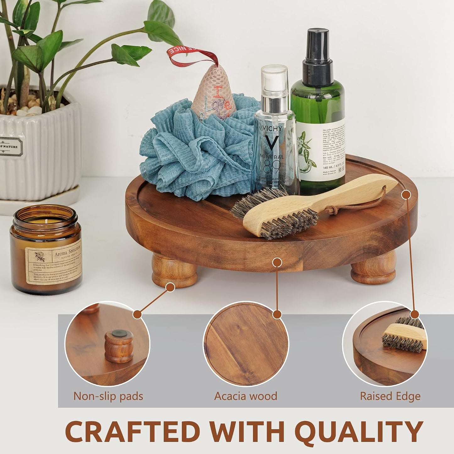 10" Acacia Wood Round Tray / Brown